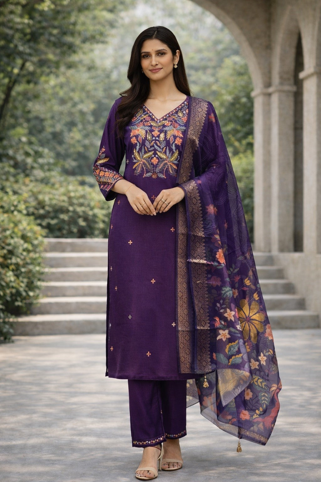 Purple Cotton Silk Designer Suit Set With Sequin Embroidery
