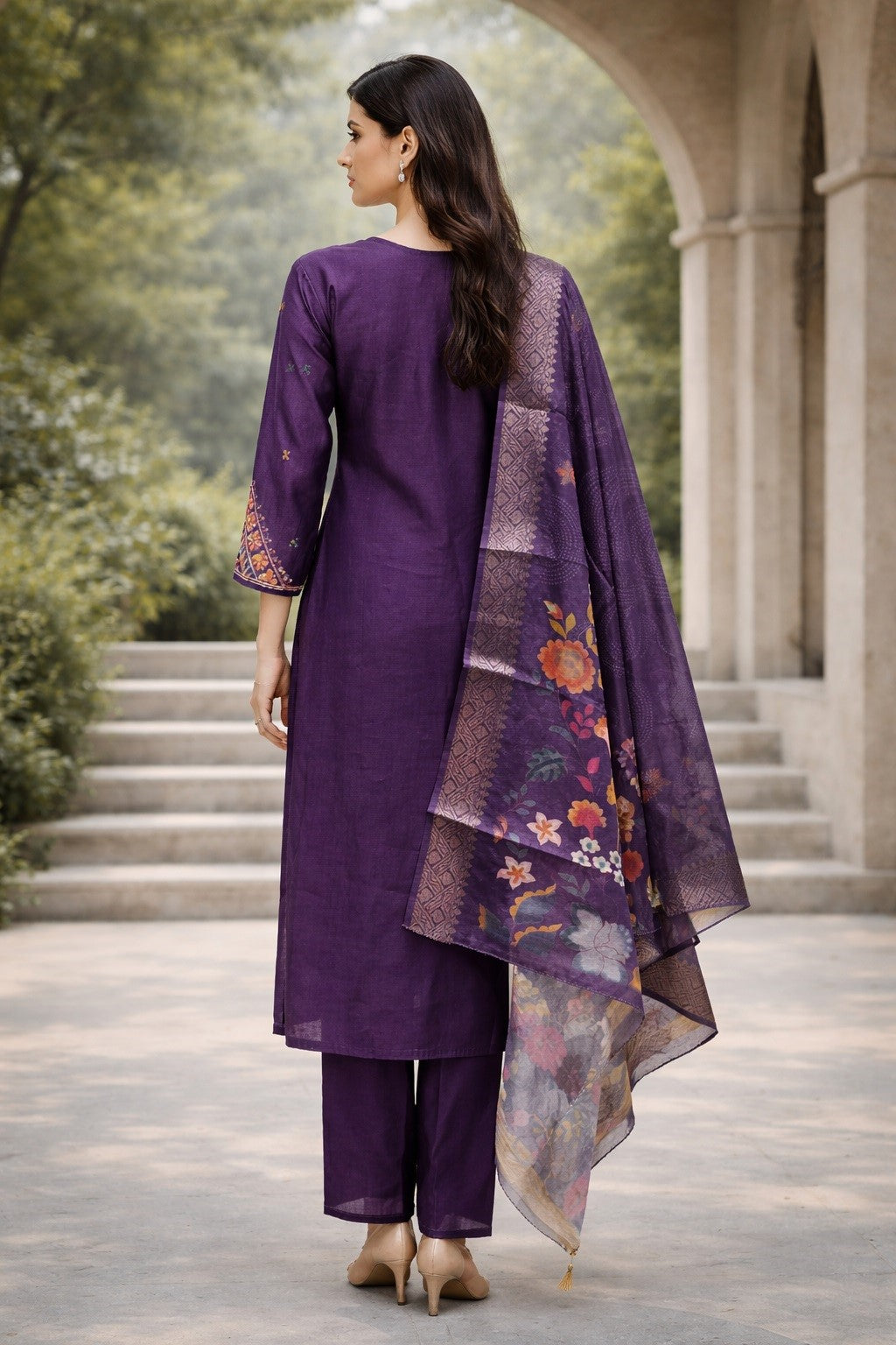 Purple Cotton Silk Designer Suit Set With Sequin Embroidery