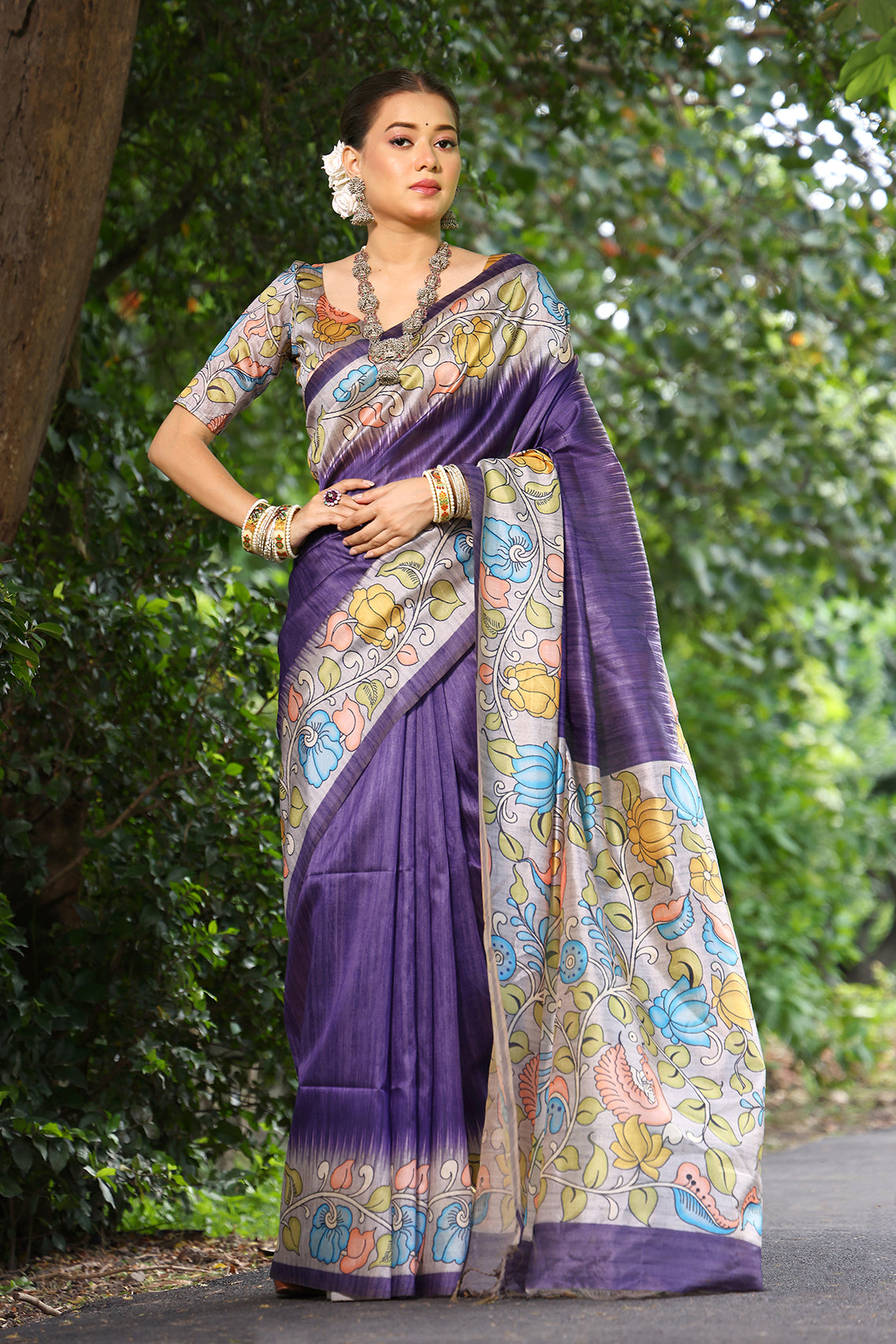 Purple Cotton Silk Saree with Solid Design and Printed Pallu