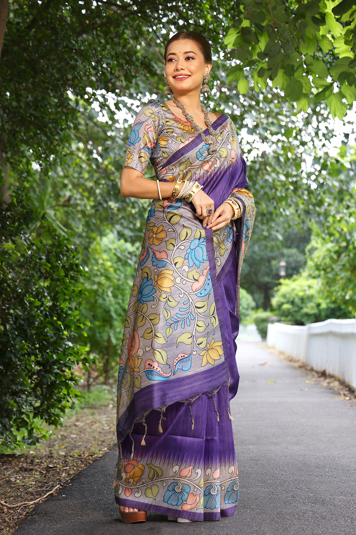 Purple Cotton Silk Saree with Solid Design and Printed Pallu