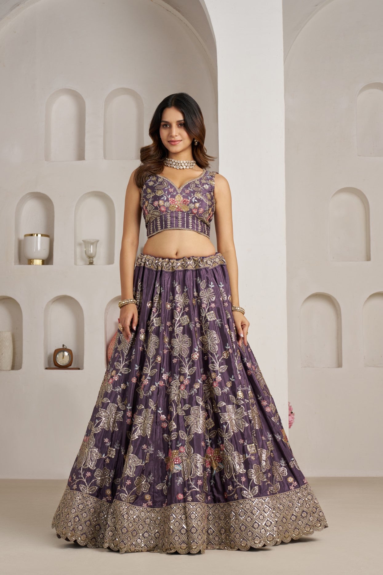 Purple Crepe Silk Golden Floral Designer Lehenga Choli
