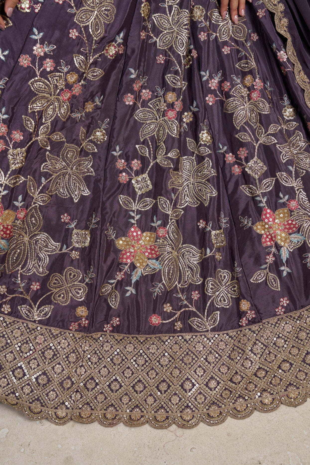 Purple Crepe Silk Golden Floral Designer Lehenga Choli