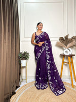 Purple Crunchy Ethnic Beautiful Embroidered Saree
