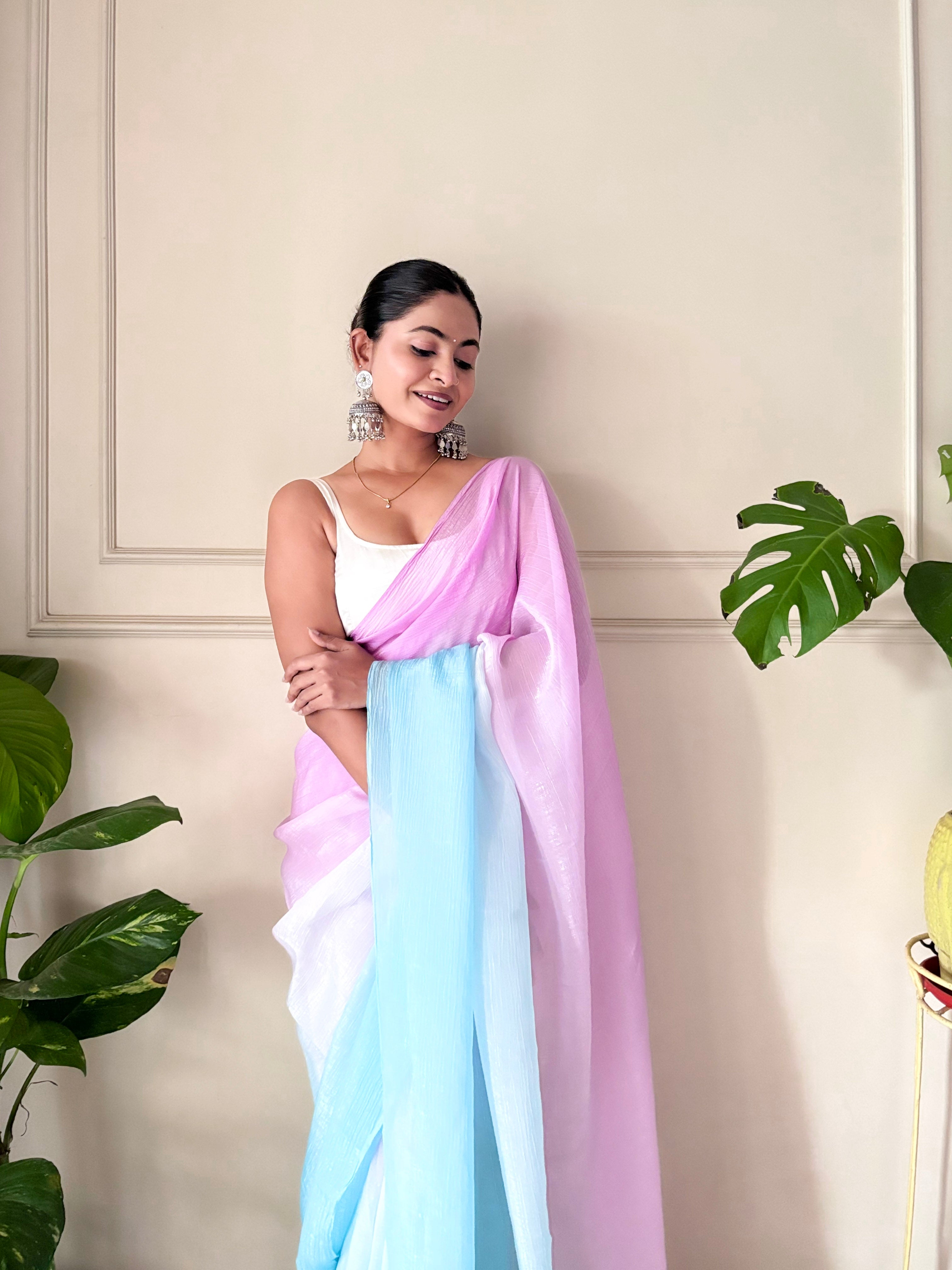 Purple Crunchy Pedding Solid Bollywood Style Ready To Wear Saree