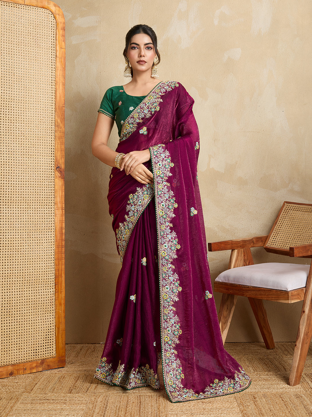 Purple Designer Embroidery Work Frendy Chiffon Wedding Ceremony Special Saree