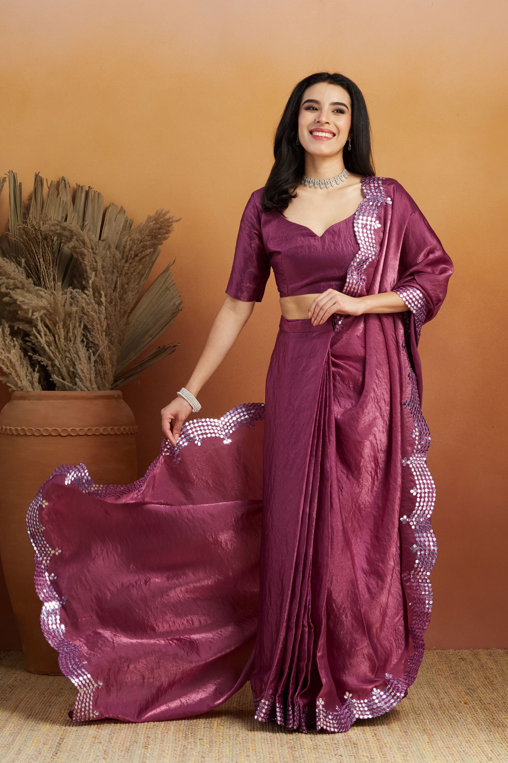 Purple Designer Embroidery Work Ready To Wear Saree
