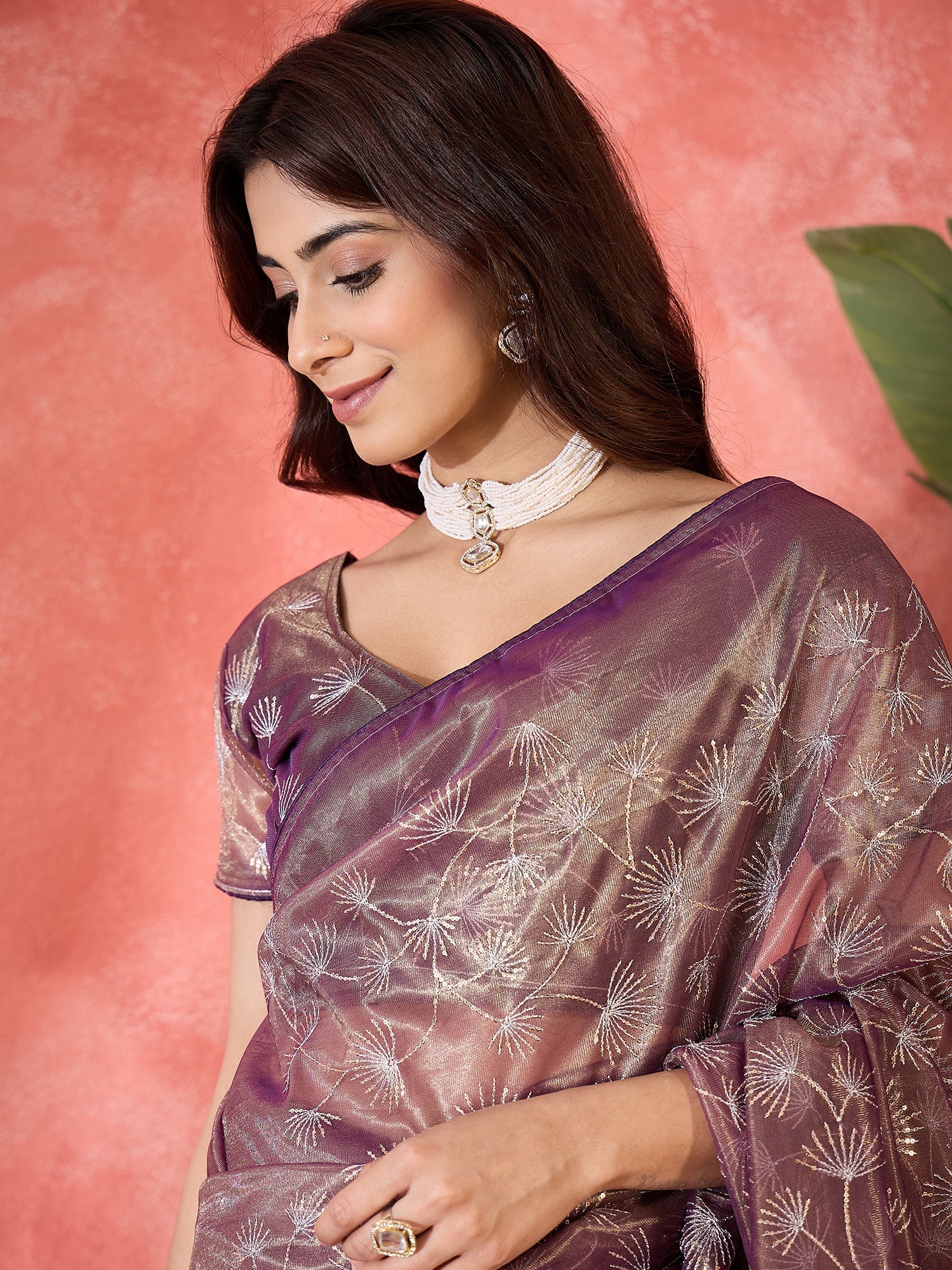 Purple Designer Twill Net Sequins Embroidery Work Saree