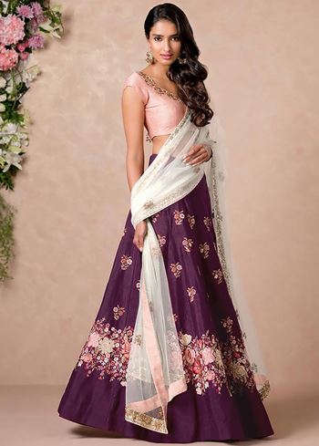 Purple Dori Embroidered Silk Bridal Wedding Lehenga Choli