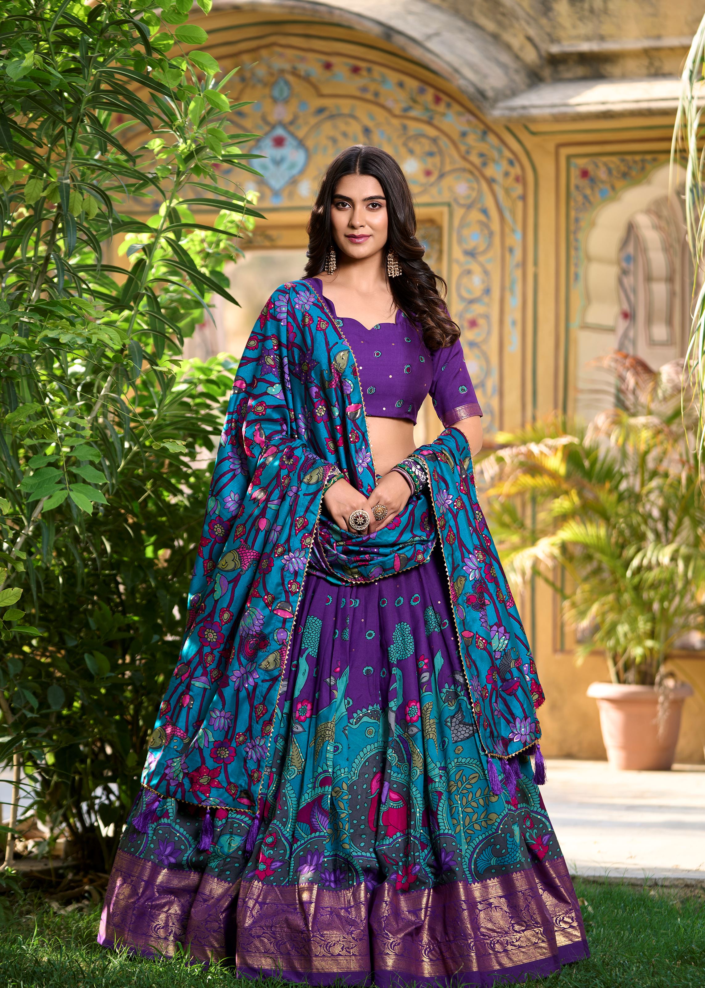 Purple Elegance-Tussar Silk Kalamkari Print Lehenga with Foil Work Finish