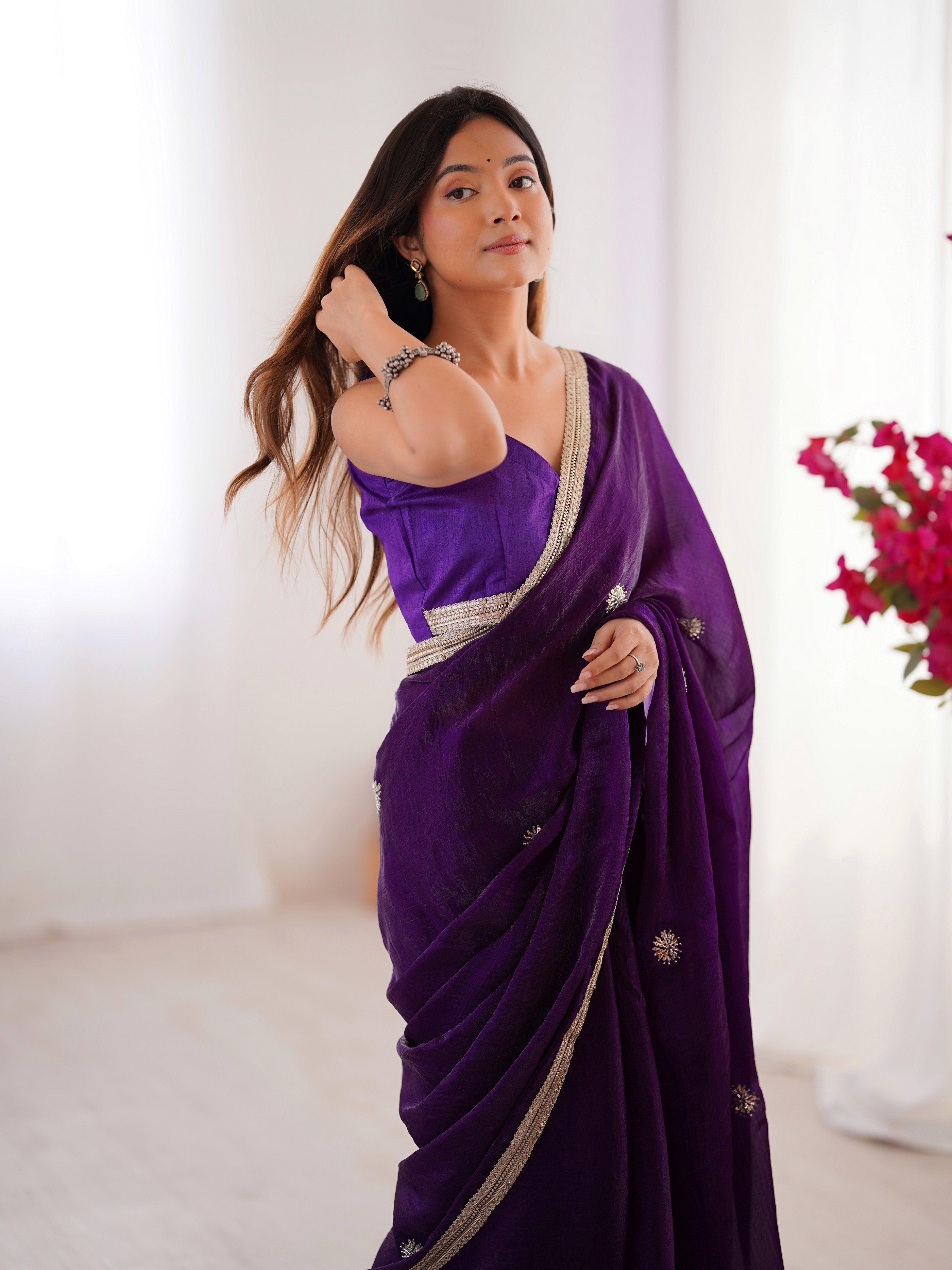Purple Fancy Stylish Partywear Saree For Girlie Ethnic Looks