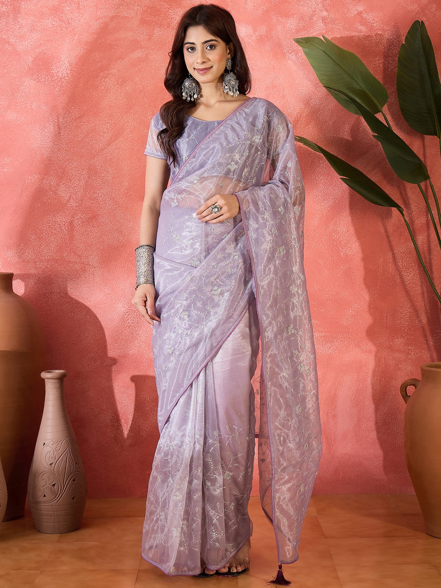 Purple Fancy Twill Net Sequins Embroidery Work Ceremonial Saree