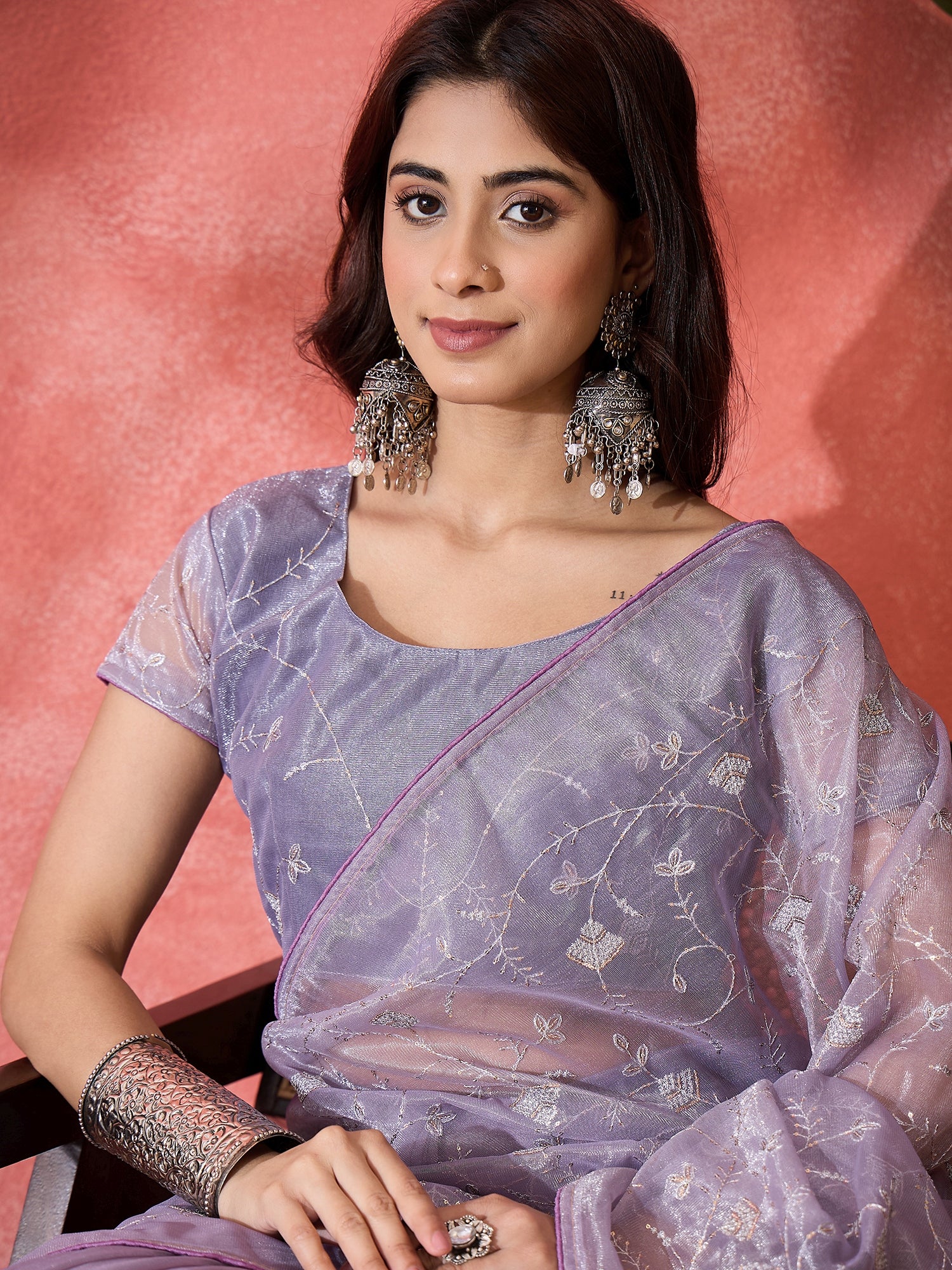 Purple Fancy Twill Net Sequins Embroidery Work Ceremonial Saree