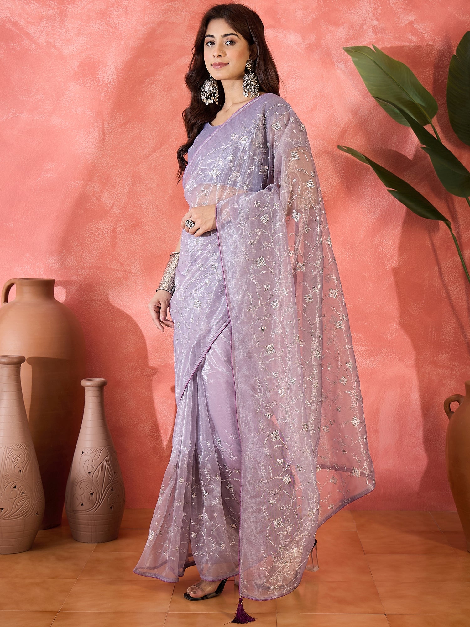 Purple Fancy Twill Net Sequins Embroidery Work Ceremonial Saree