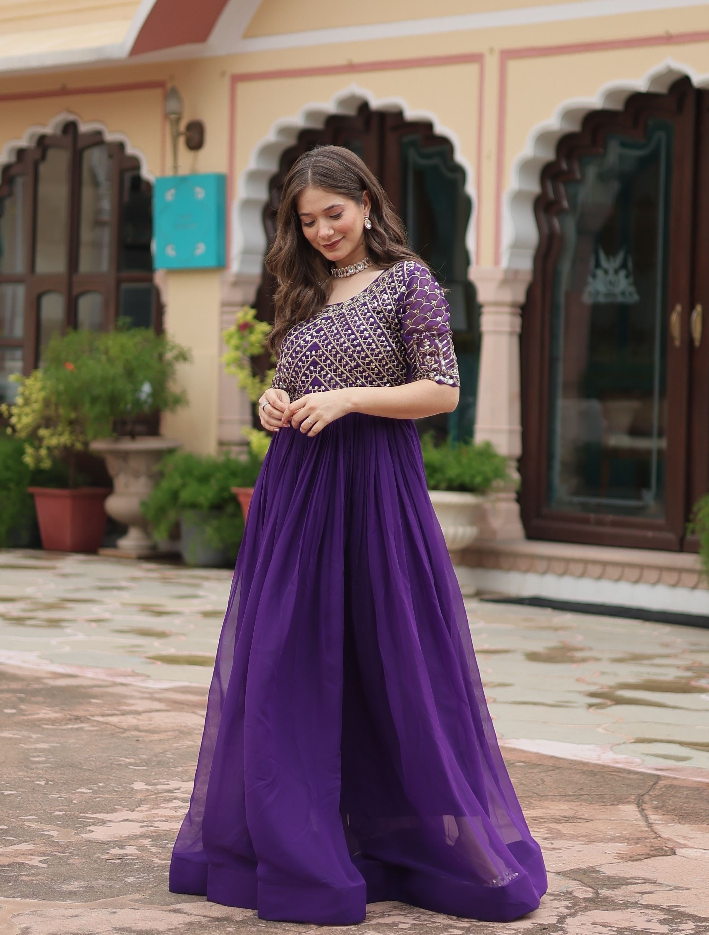 Purple Faux Blooming Gown With Embroidery Zari Sequins-work