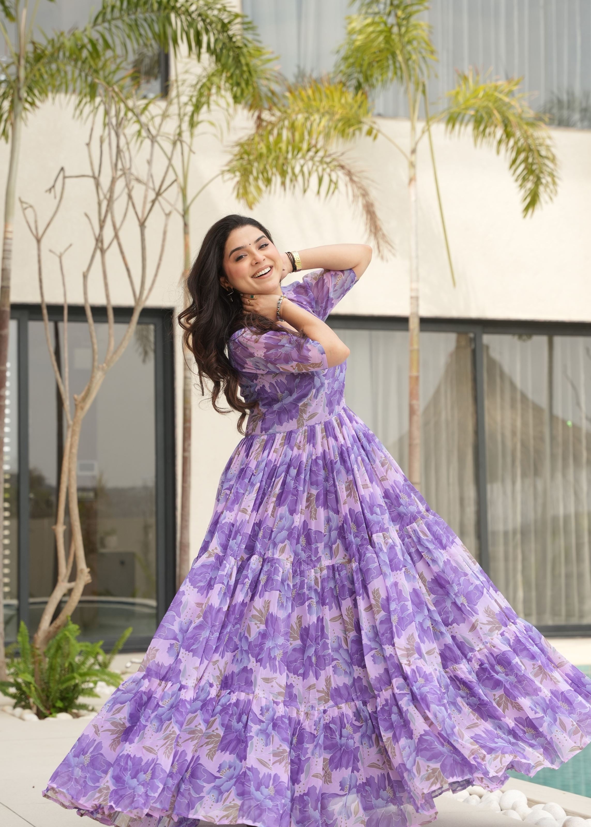 Purple Faux Georgette Gown With Printed