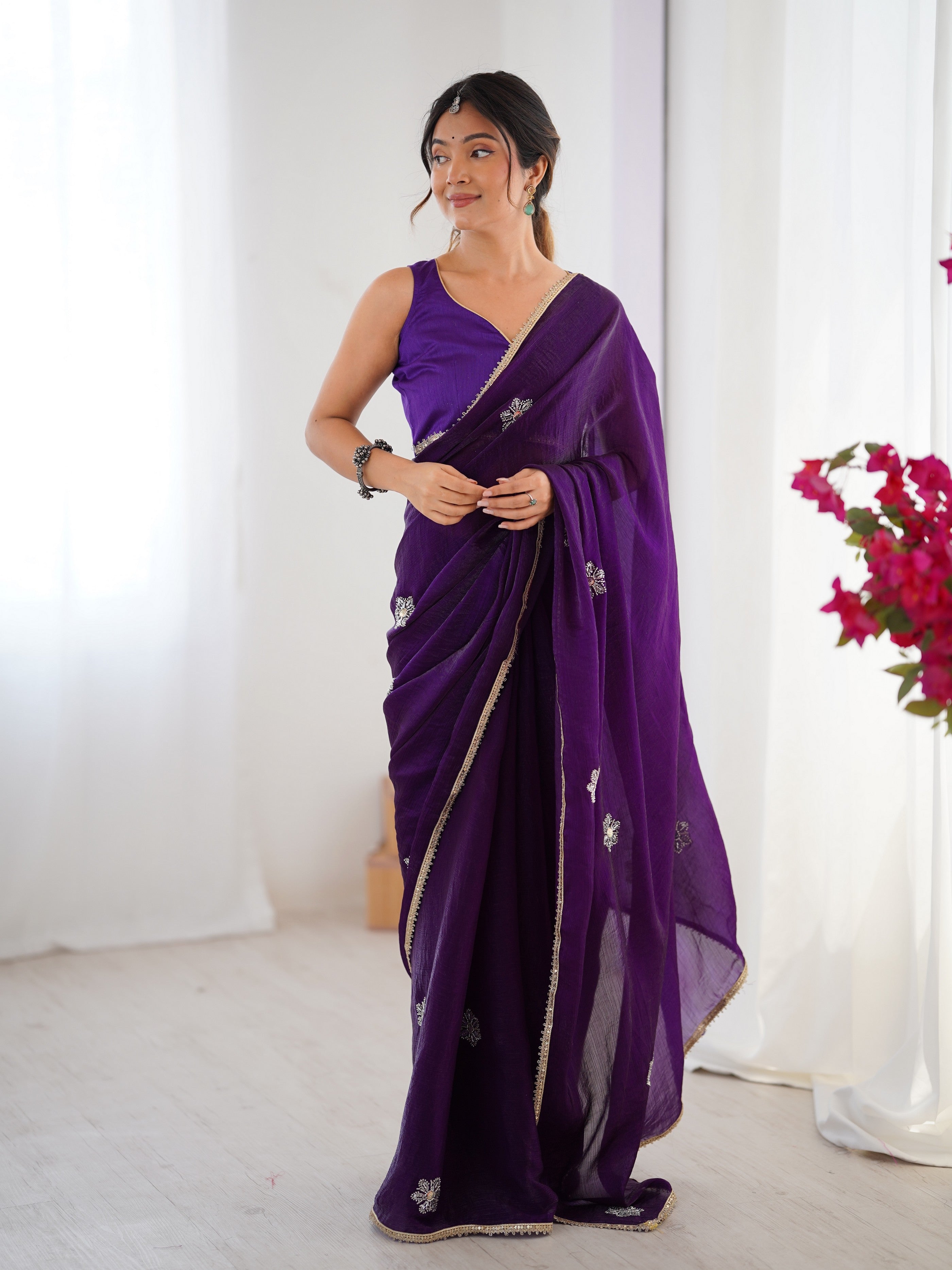 Purple Fendy Designer Beads Moti And Val Sequance Work Partywear Saree