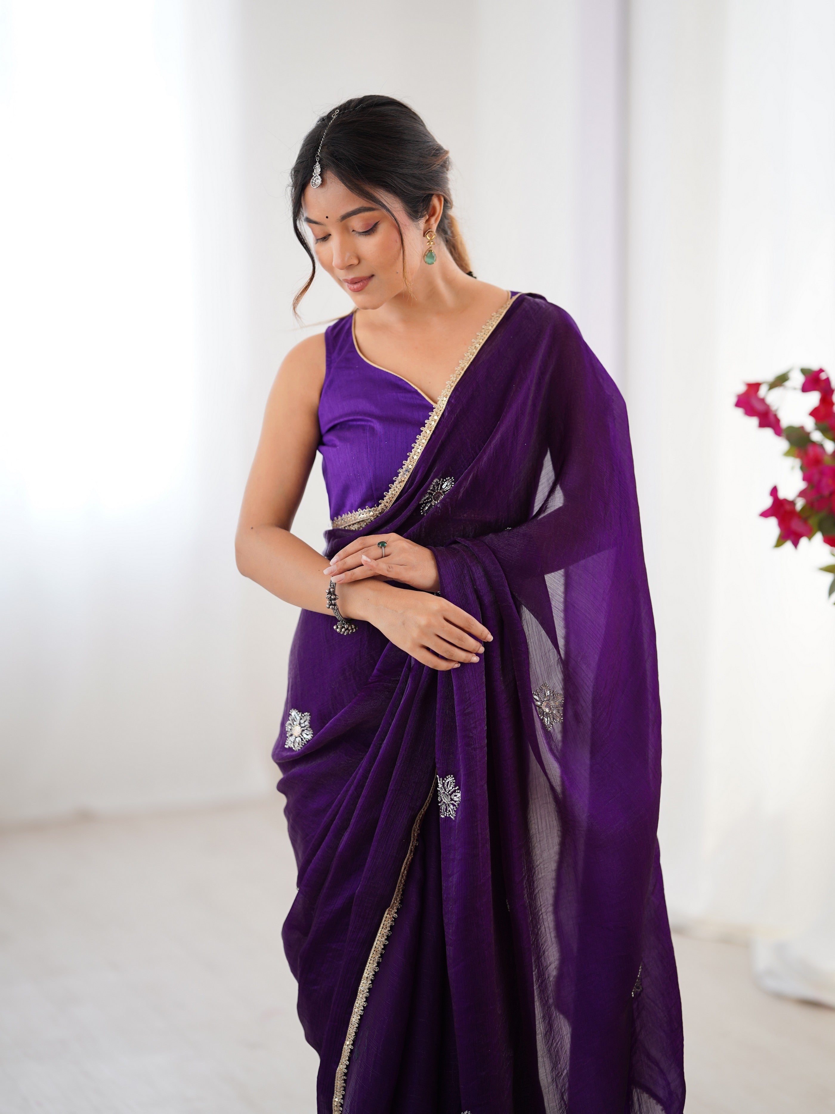 Purple Fendy Designer Beads Moti And Val Sequance Work Partywear Saree