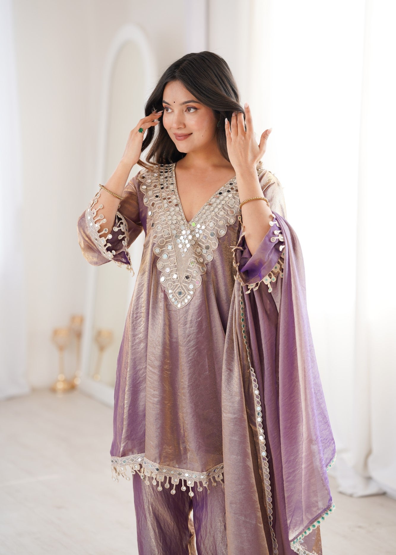 Purple Fendy Designer Suit Set With Mirror Work & Embroidered Lace
