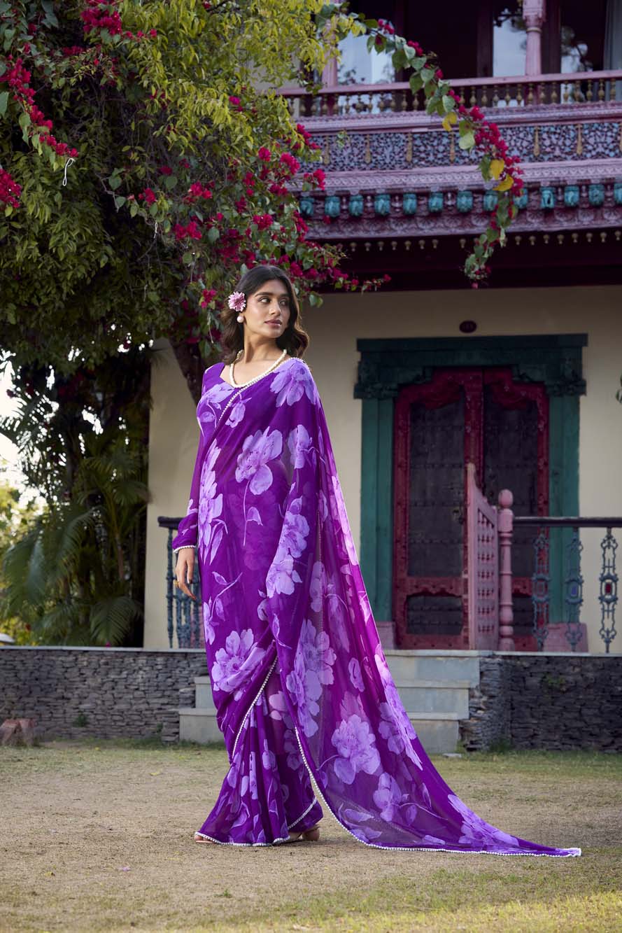 Purple Floral Printed Chiffon Saree with Pearl Lace Magic