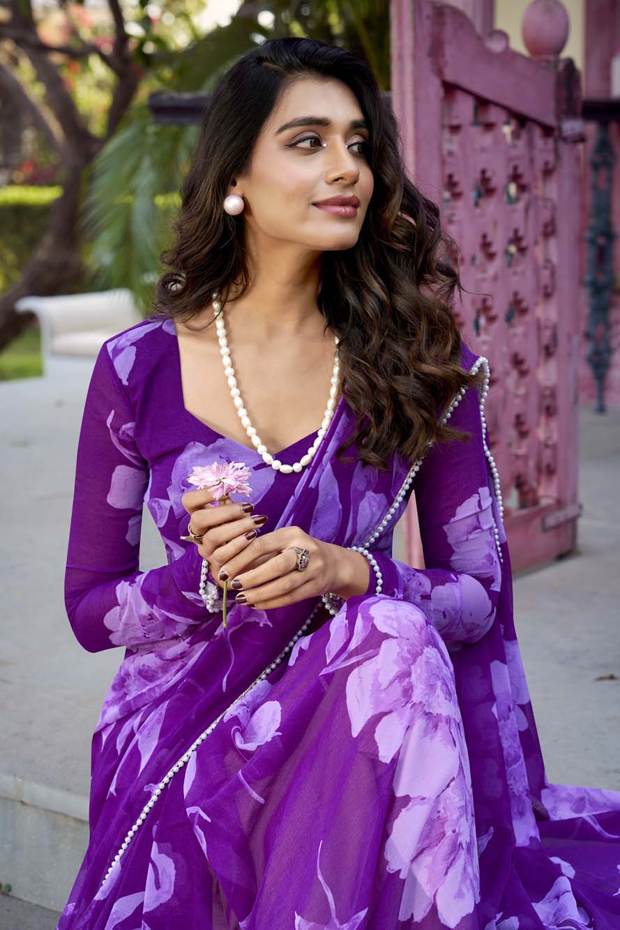 Purple Floral Printed Chiffon Saree with Pearl Lace Magic