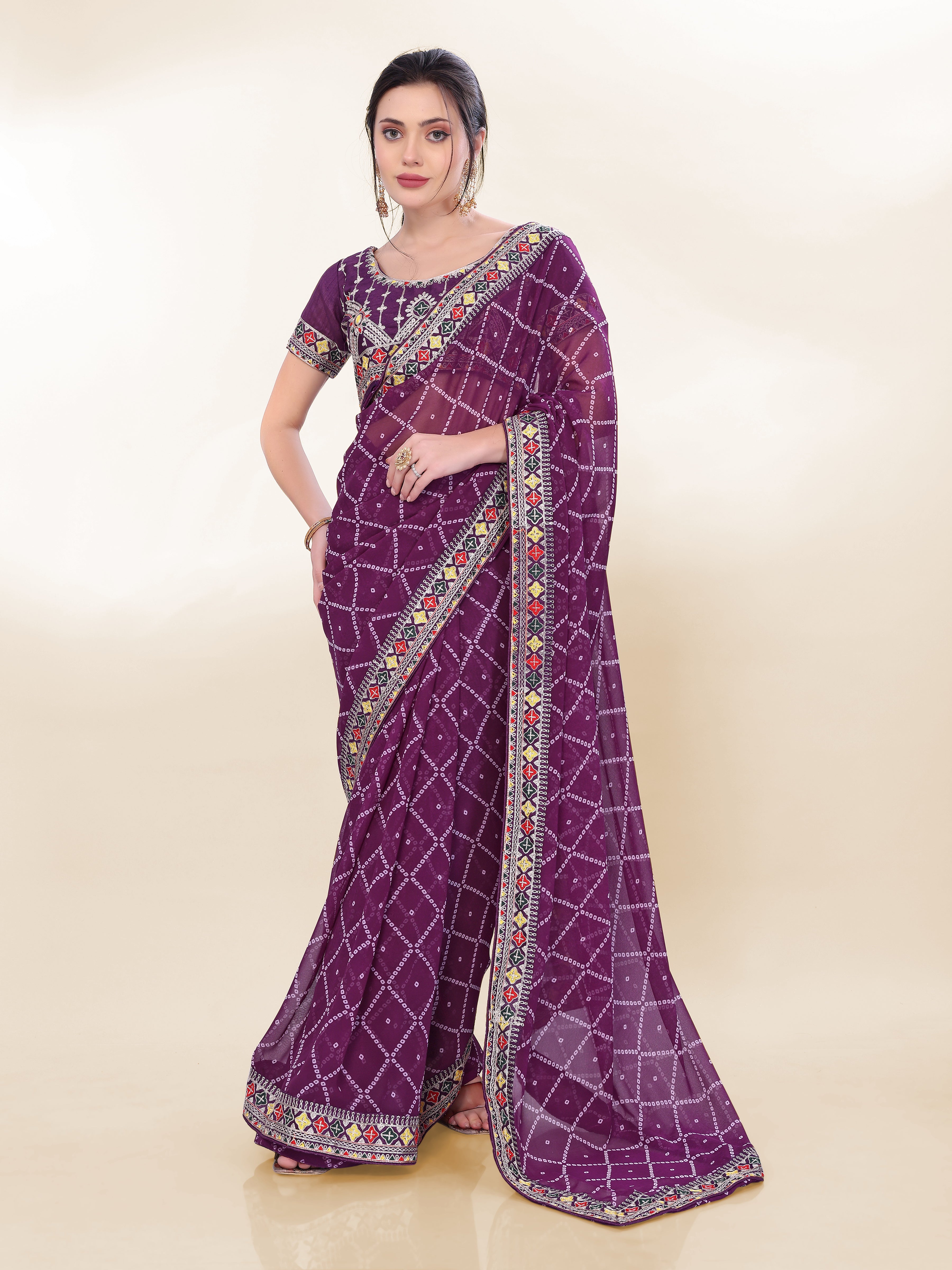 Purple Georgette Bandhej Printed Saree With Graceful Embroidery Work