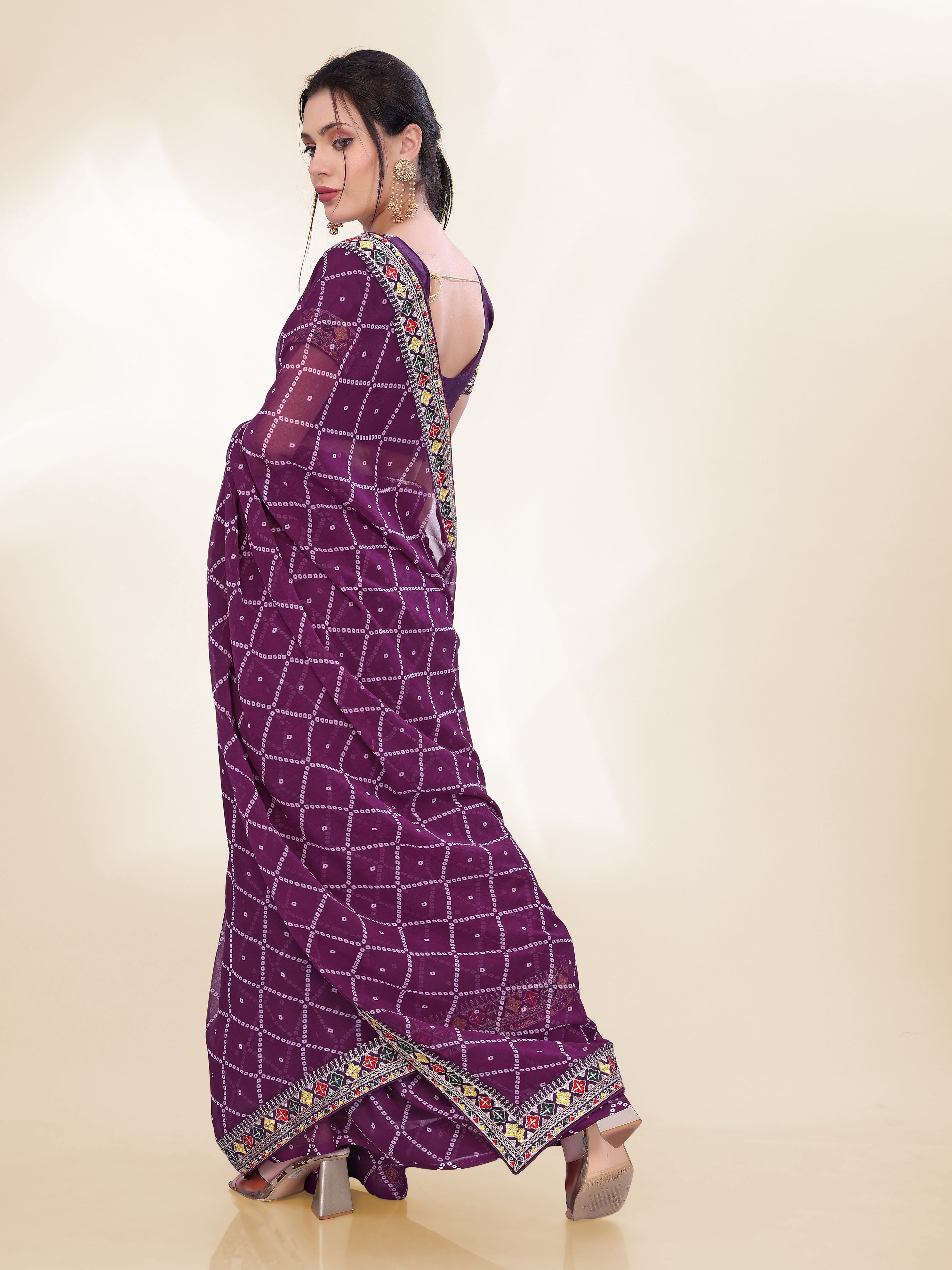 Purple Georgette Bandhej Printed Saree With Graceful Embroidery Work