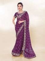 Purple Georgette Bandhej Printed Saree With Graceful Embroidery Work