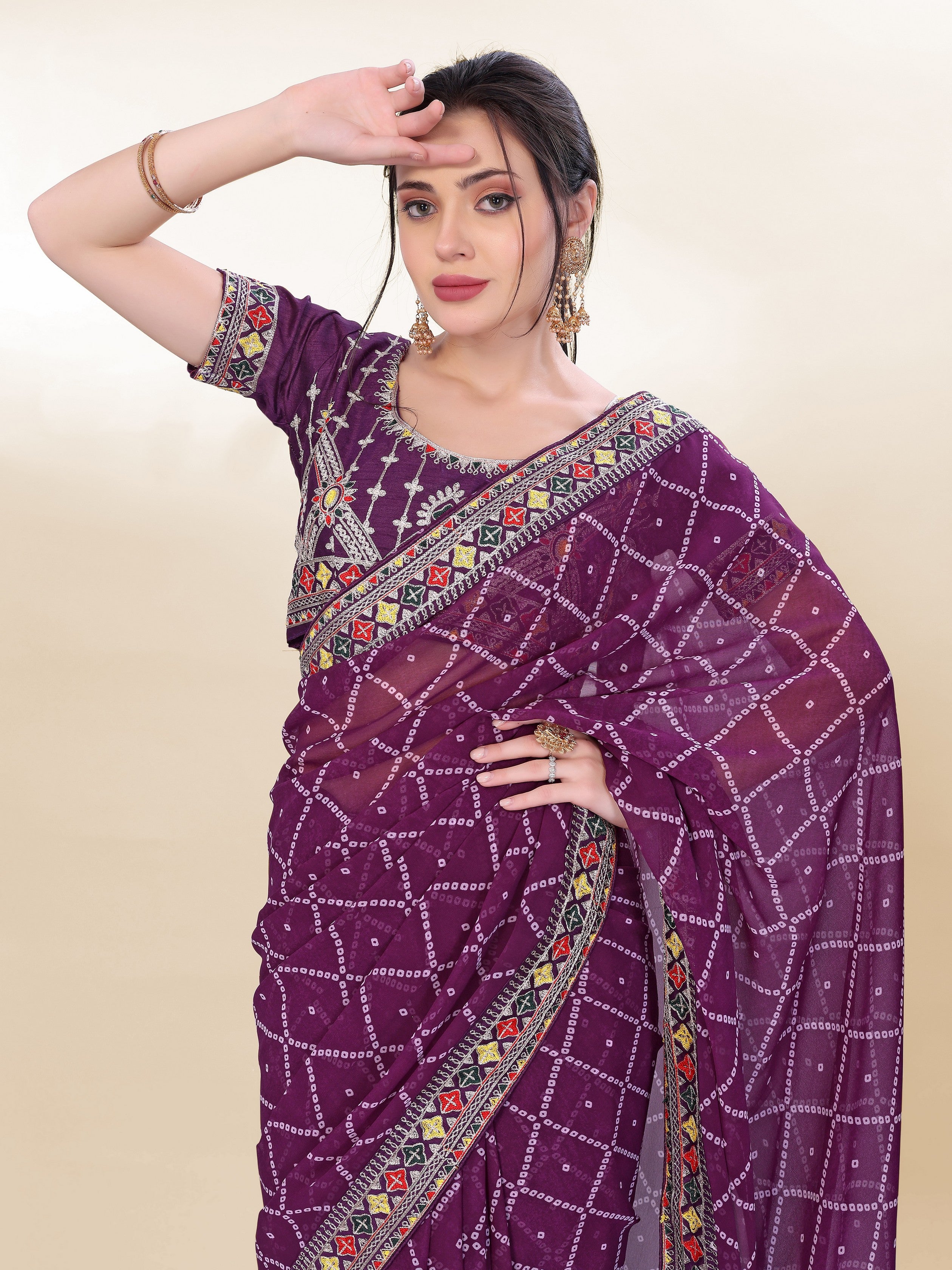 Purple Georgette Bandhej Printed Saree With Graceful Embroidery Work
