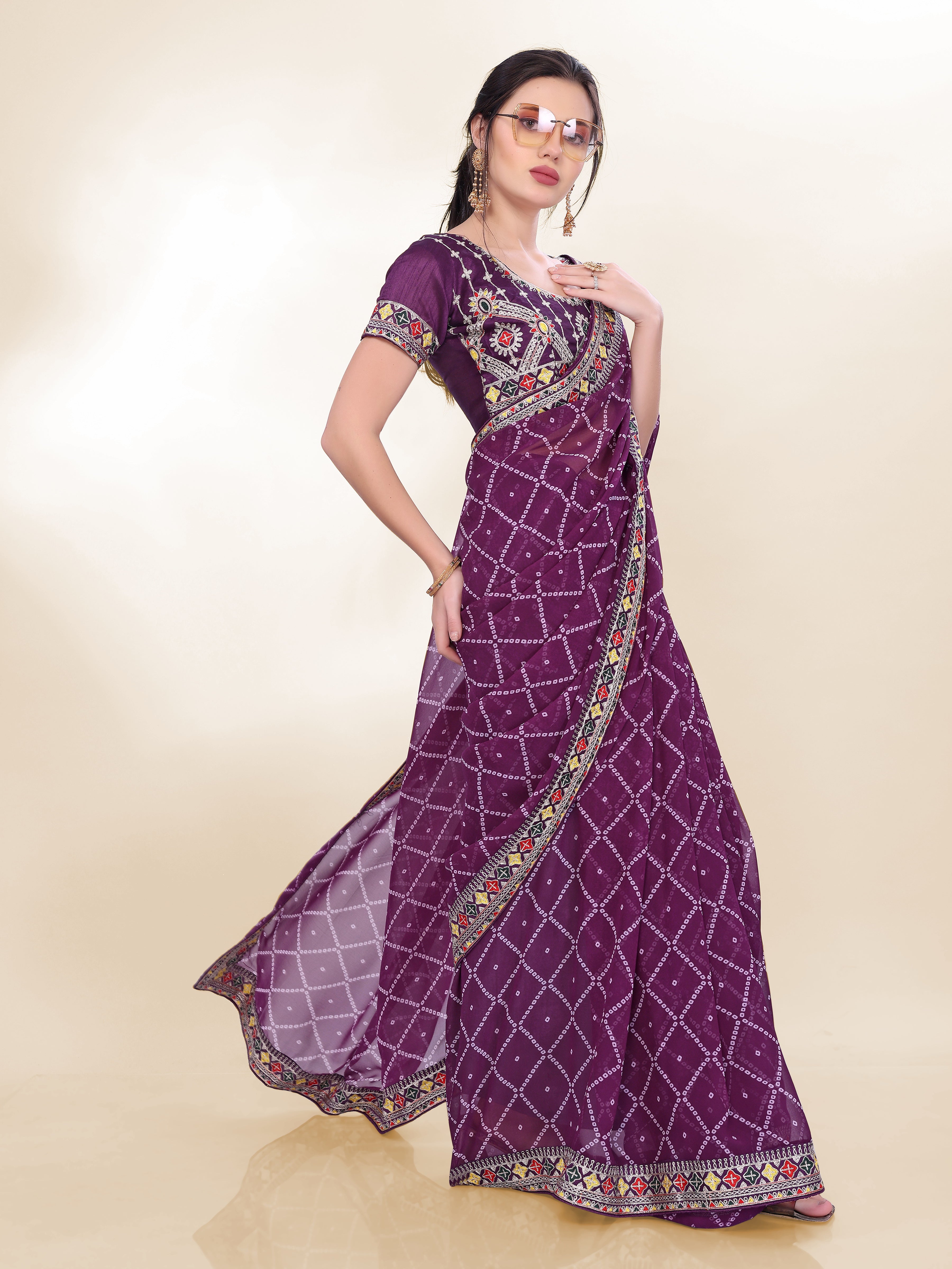 Purple Georgette Bandhej Printed Saree With Graceful Embroidery Work