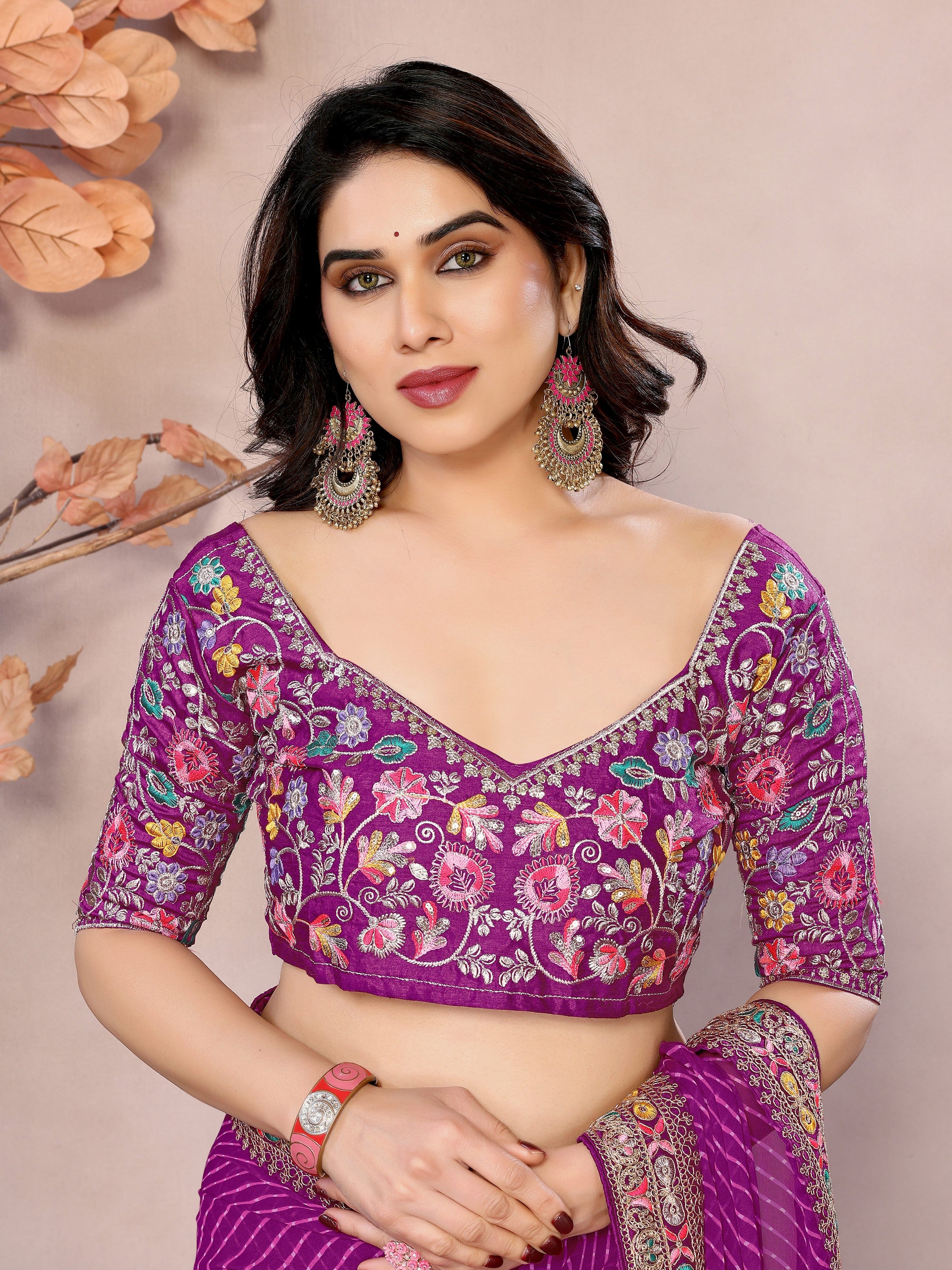 Purple Georgette Designer Embroidered Traditional Leheria Saree