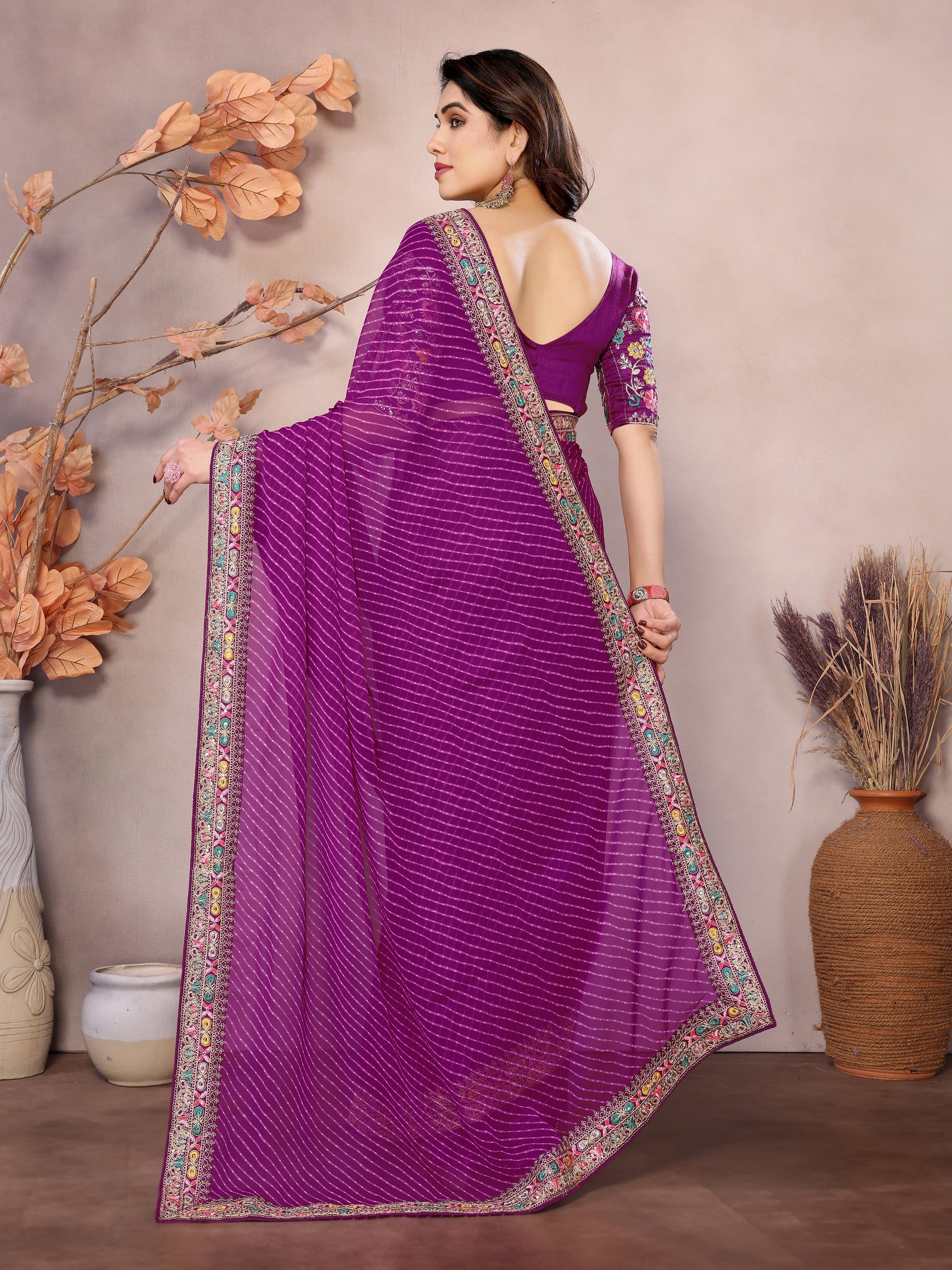 Purple Georgette Designer Embroidered Traditional Leheria Saree