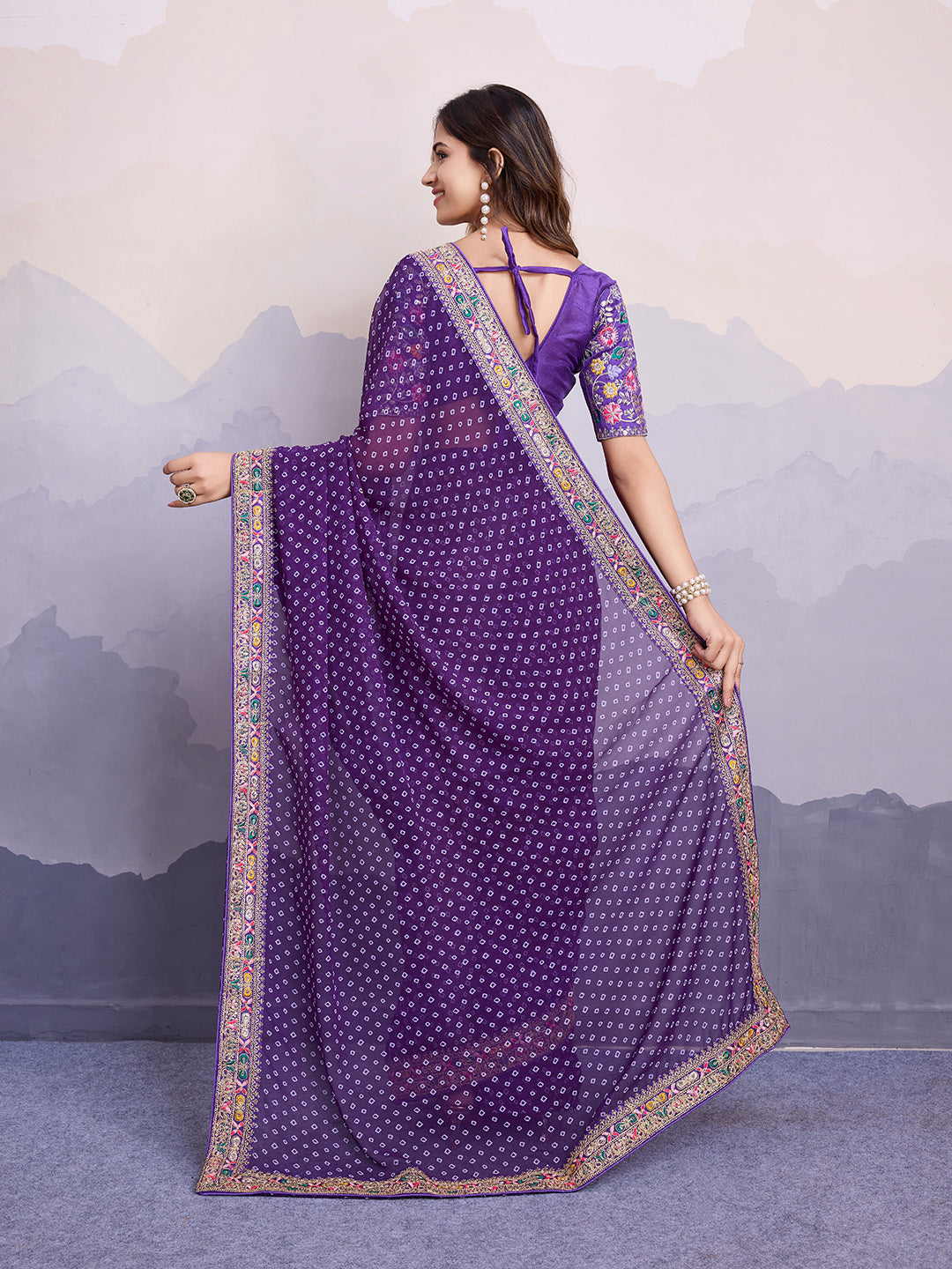 Purple Georgette Designer Partywear Bandhej Saree