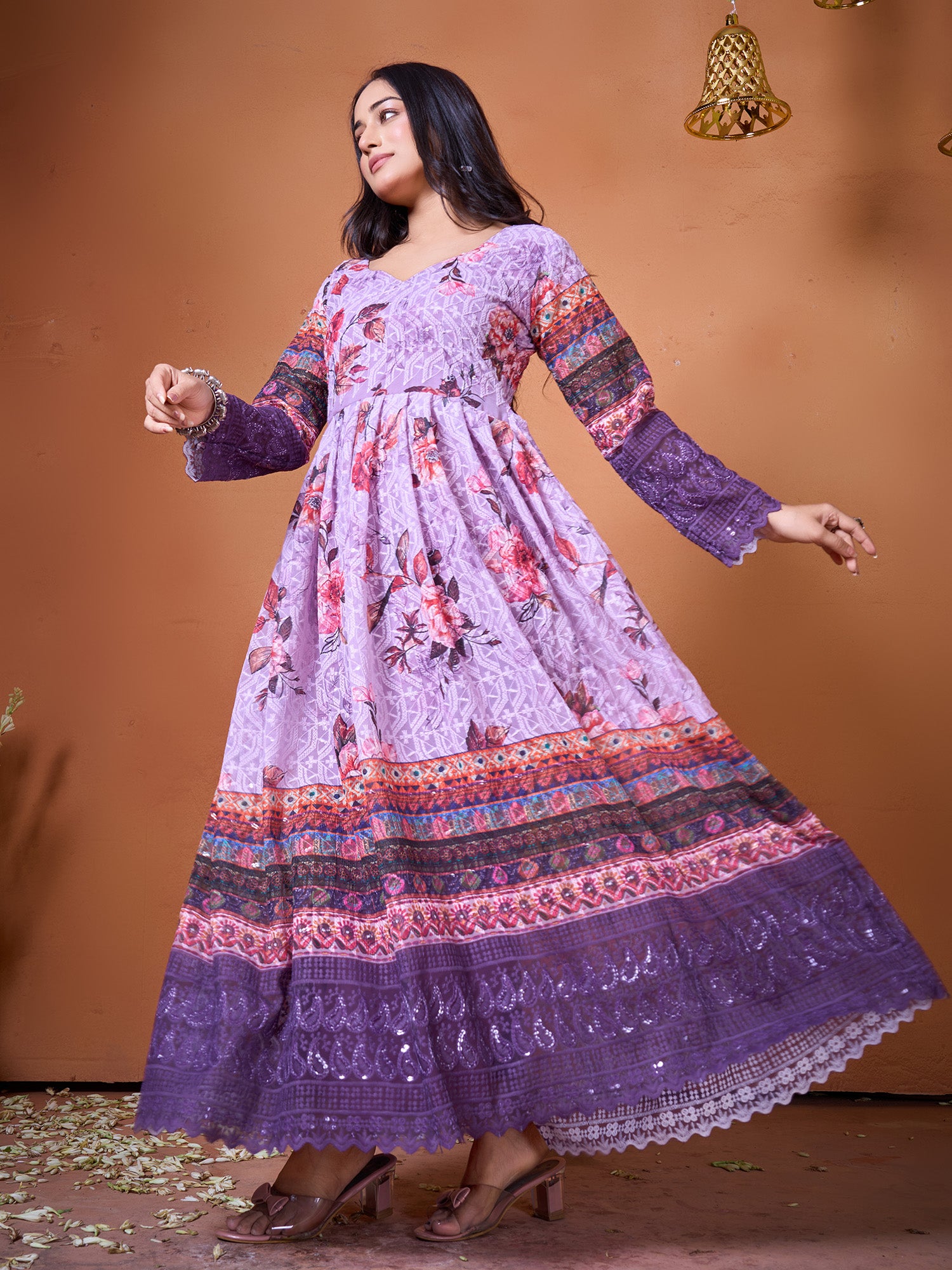 Purple Georgette Designer Suit Set With Embroidered & Printed Artistry