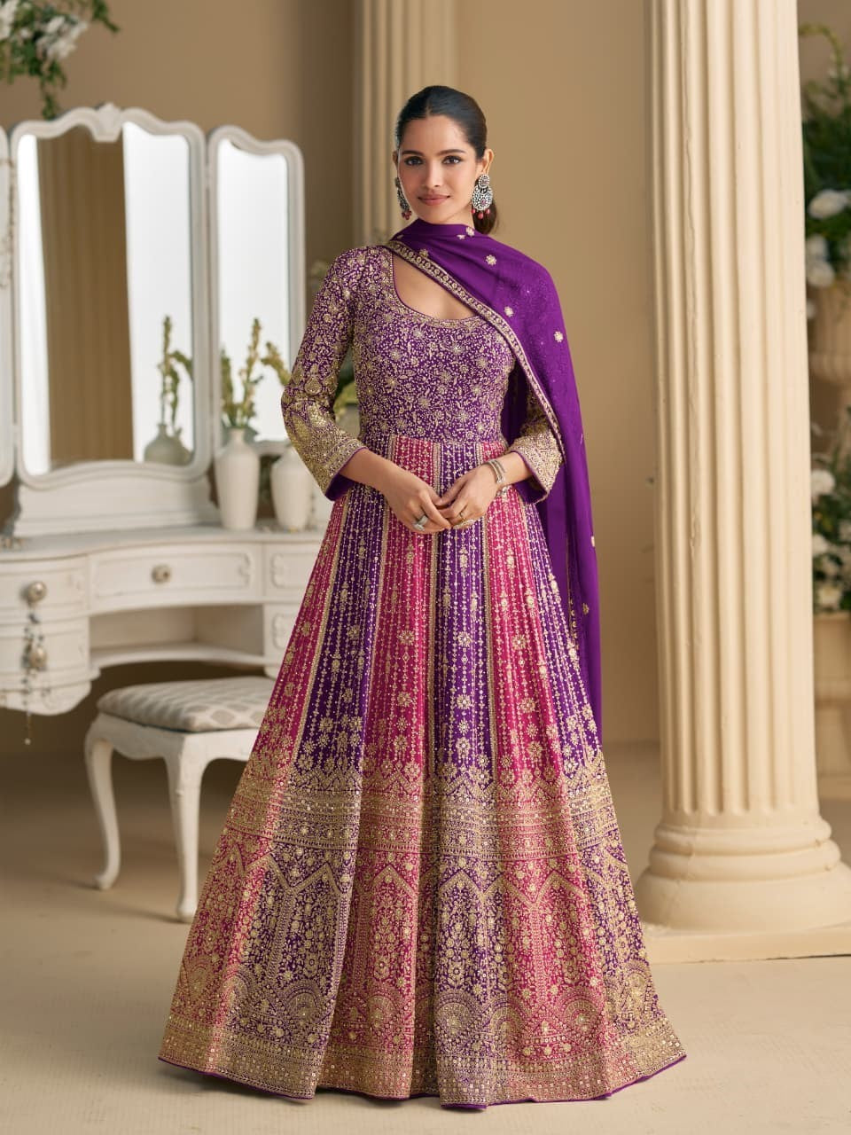 Purple Georgette Designer Suit Set With Intricate Embroidery