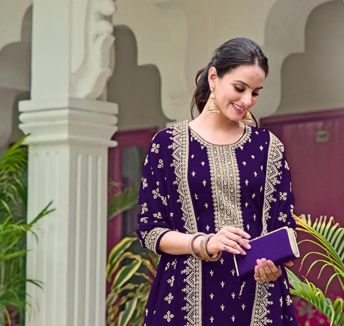 Purple Georgette Designer Suit Set With Intricate Embroidery