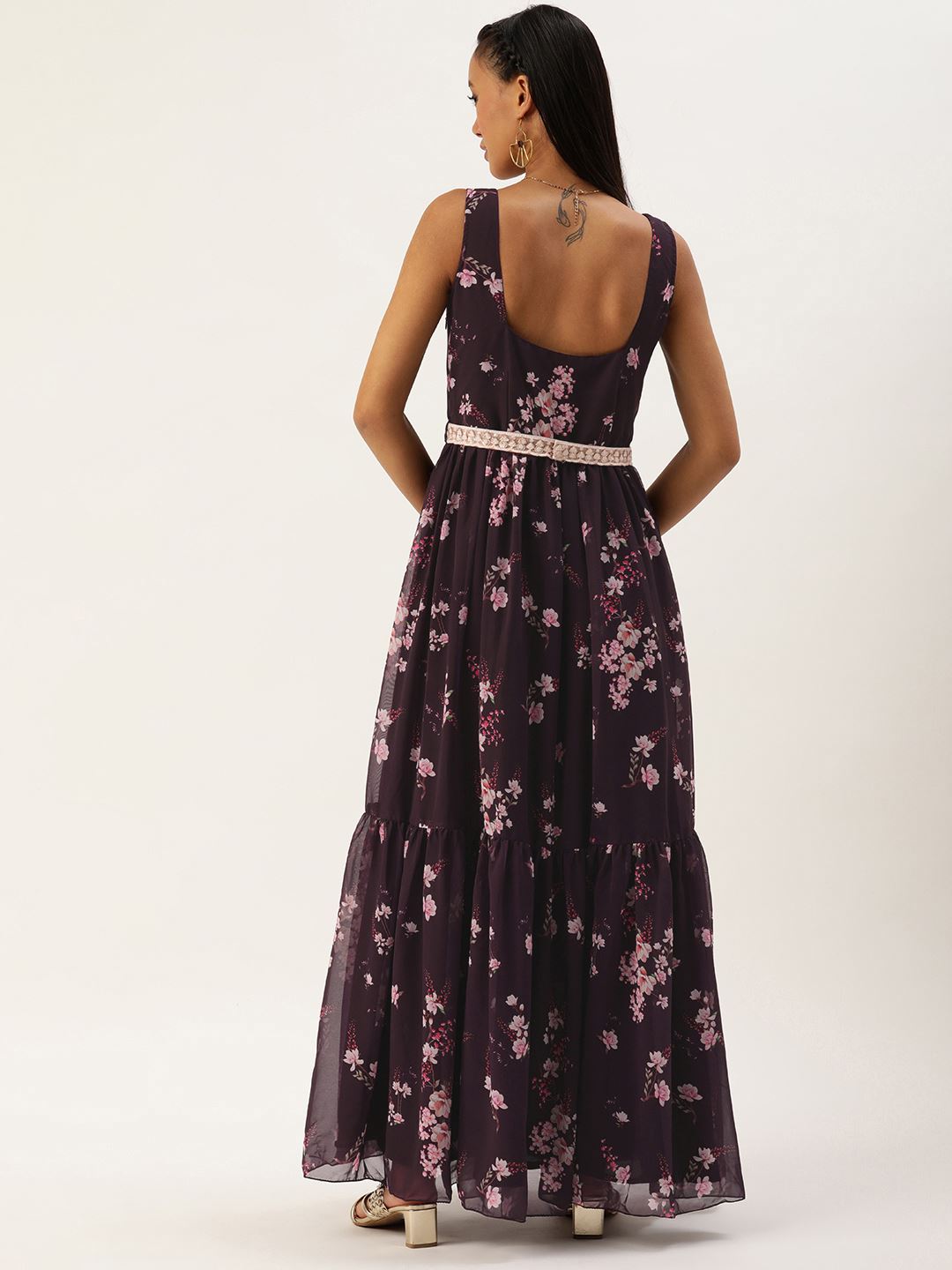 Purple Georgette Dress & Gown With Floral Print with Embroidered Belt