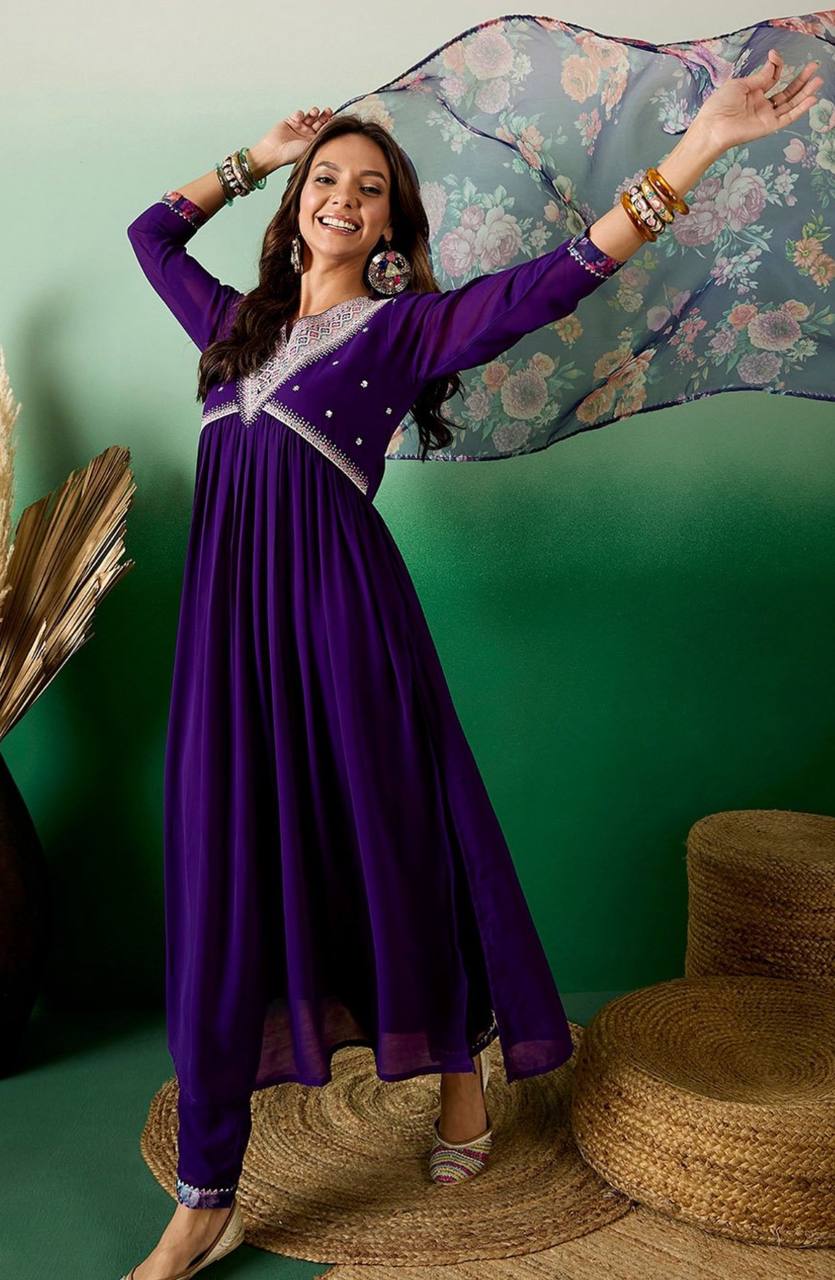 Purple Georgette Kurta Pant With Embroidery Work And Printed Dupatta