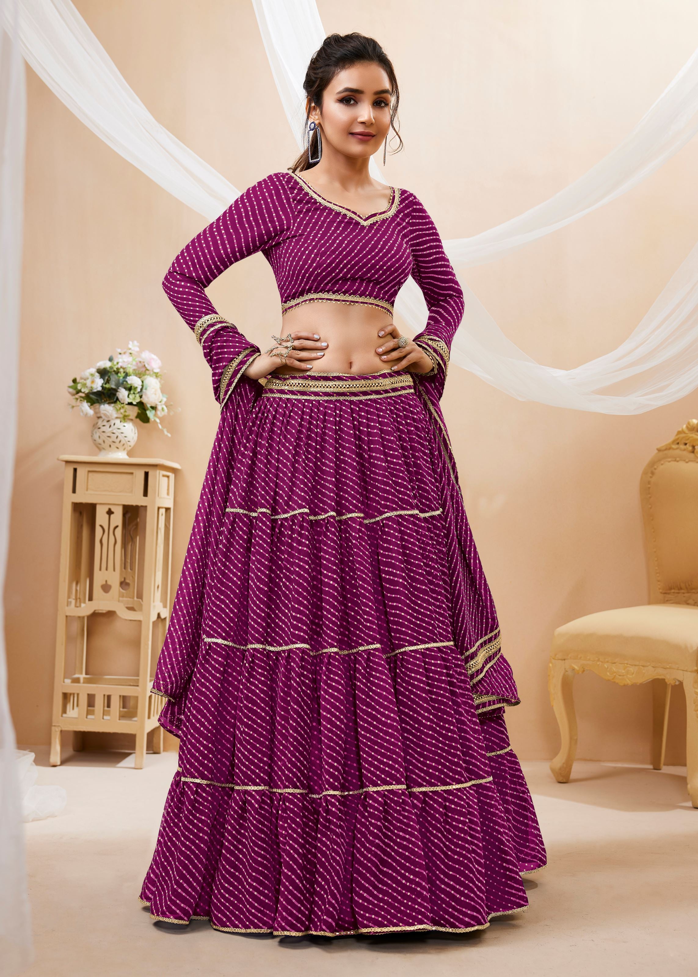 Purple  Georgette Lehenga Choli With Georgette Leheriya Printed with lace all over work
