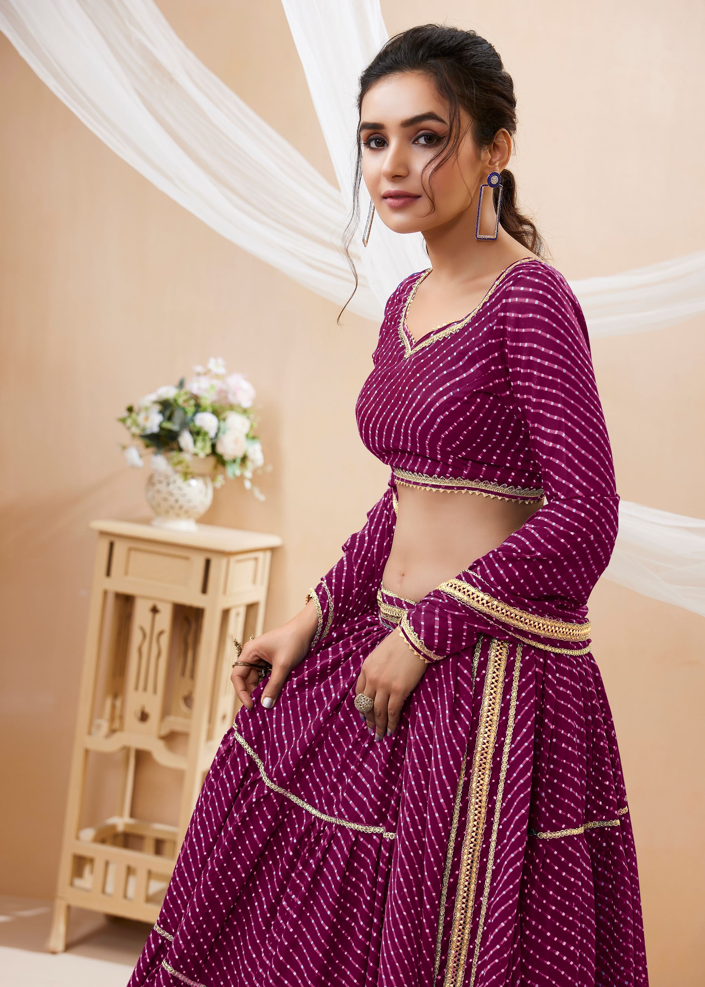 Purple  Georgette Lehenga Choli With Georgette Leheriya Printed with lace all over work