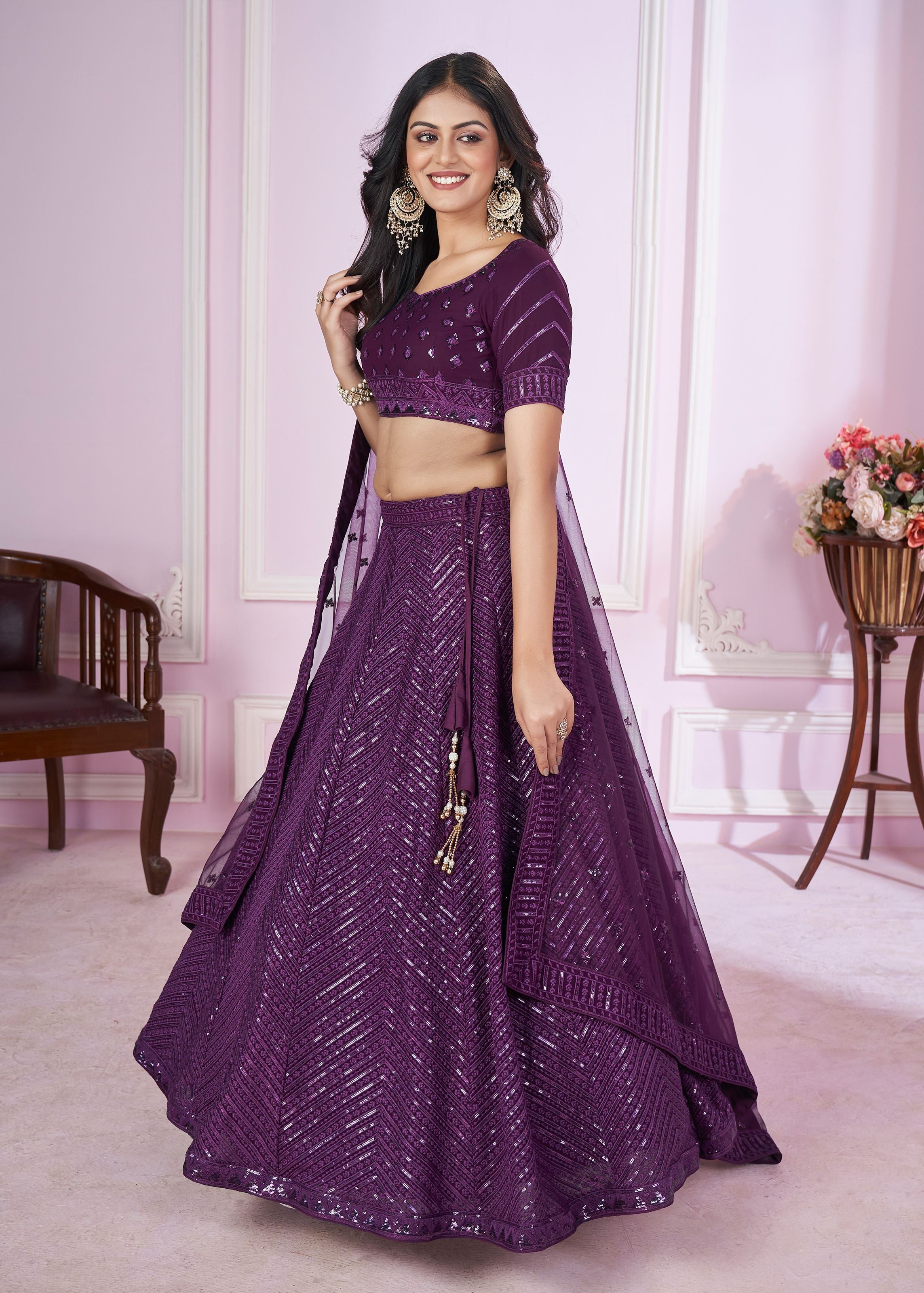 Purple Georgette Lehenga Choli With Sequins, Thread Embroidery Work