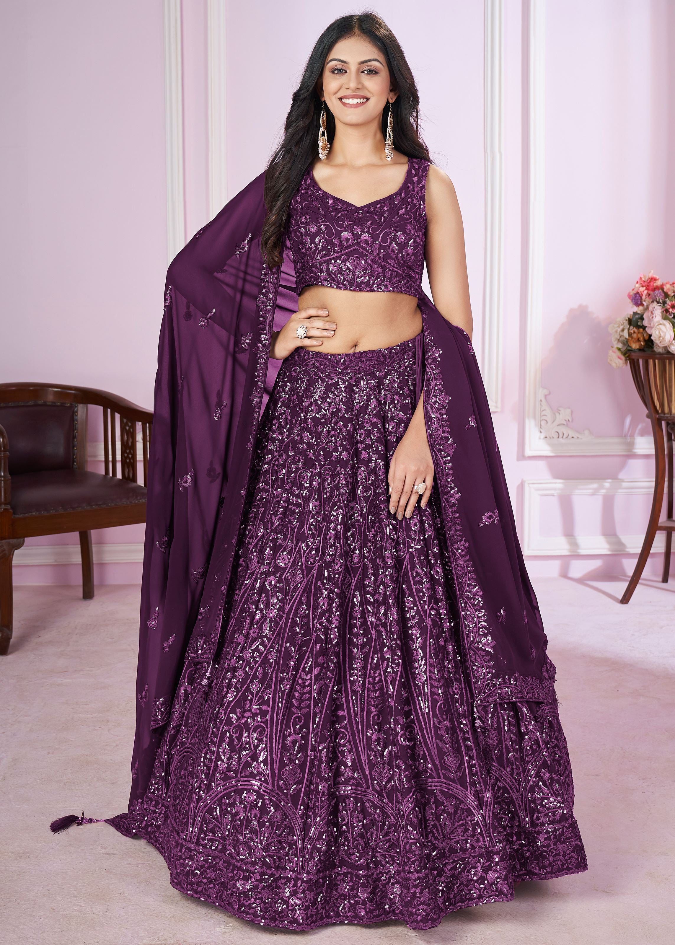 Purple Georgette Lehenga Choli With Sequins, Thread Embroidery Work