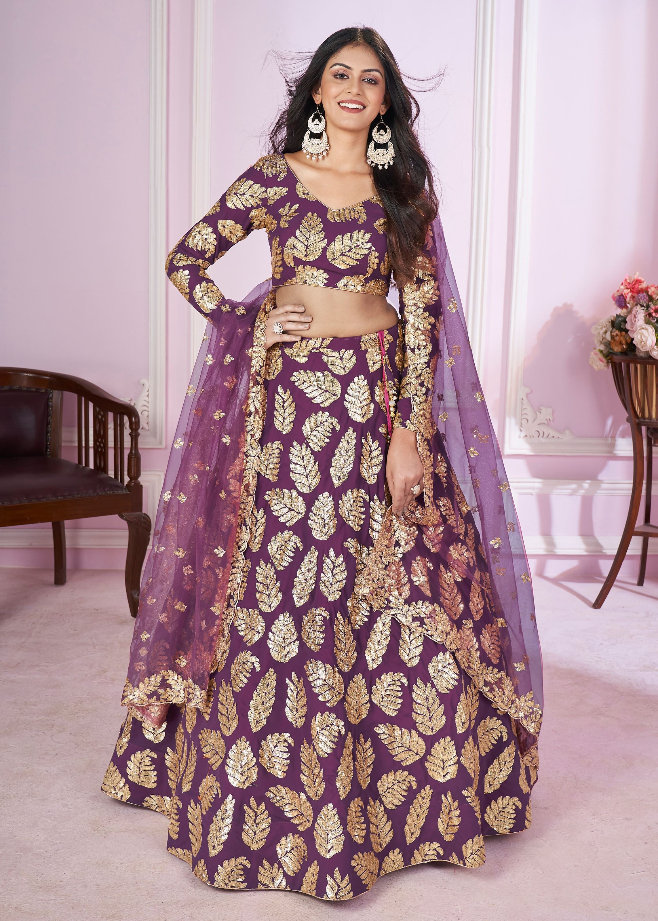 Purple Georgette Lehenga Choli With Sequins, Zari Embroidery Work