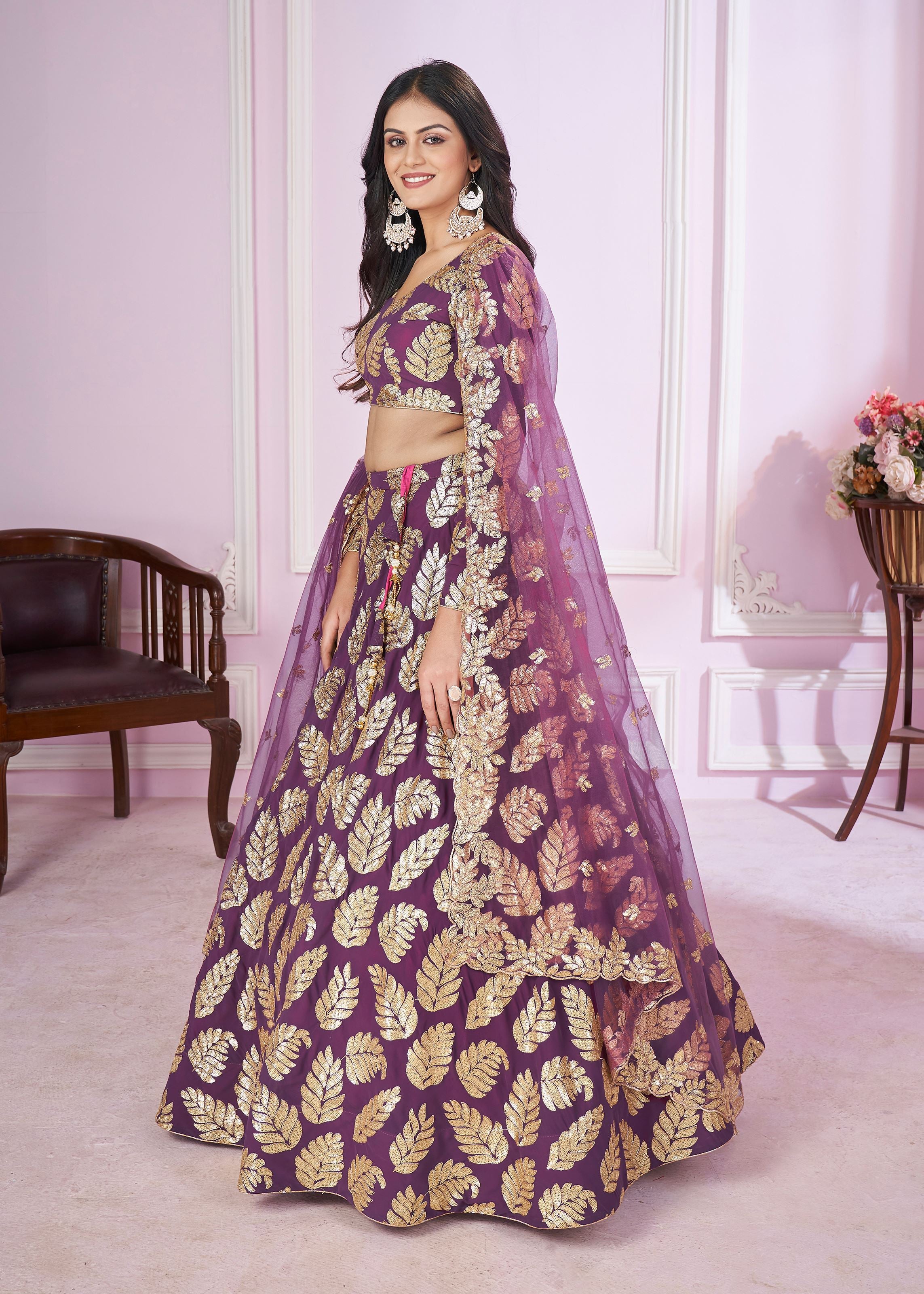 Purple Georgette Lehenga Choli With Sequins, Zari Embroidery Work