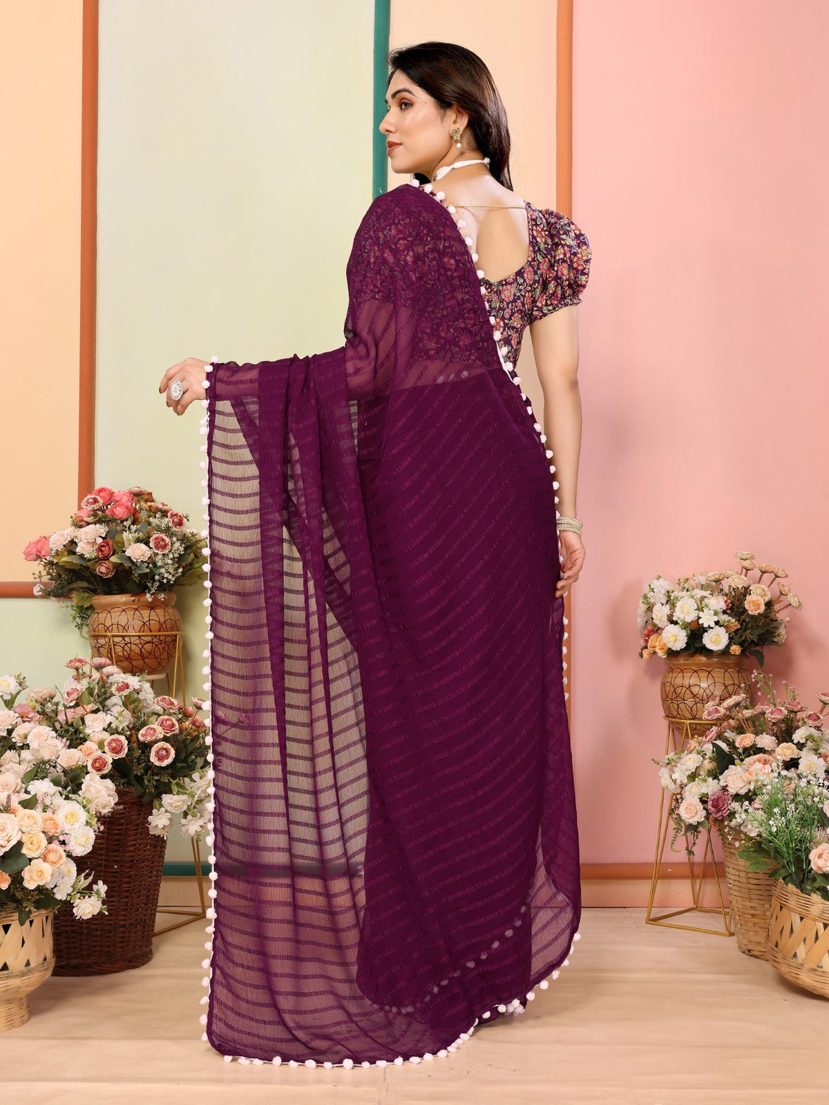 Purple Georgette Patta Saree With Plain Saree With Digital Print Blouse