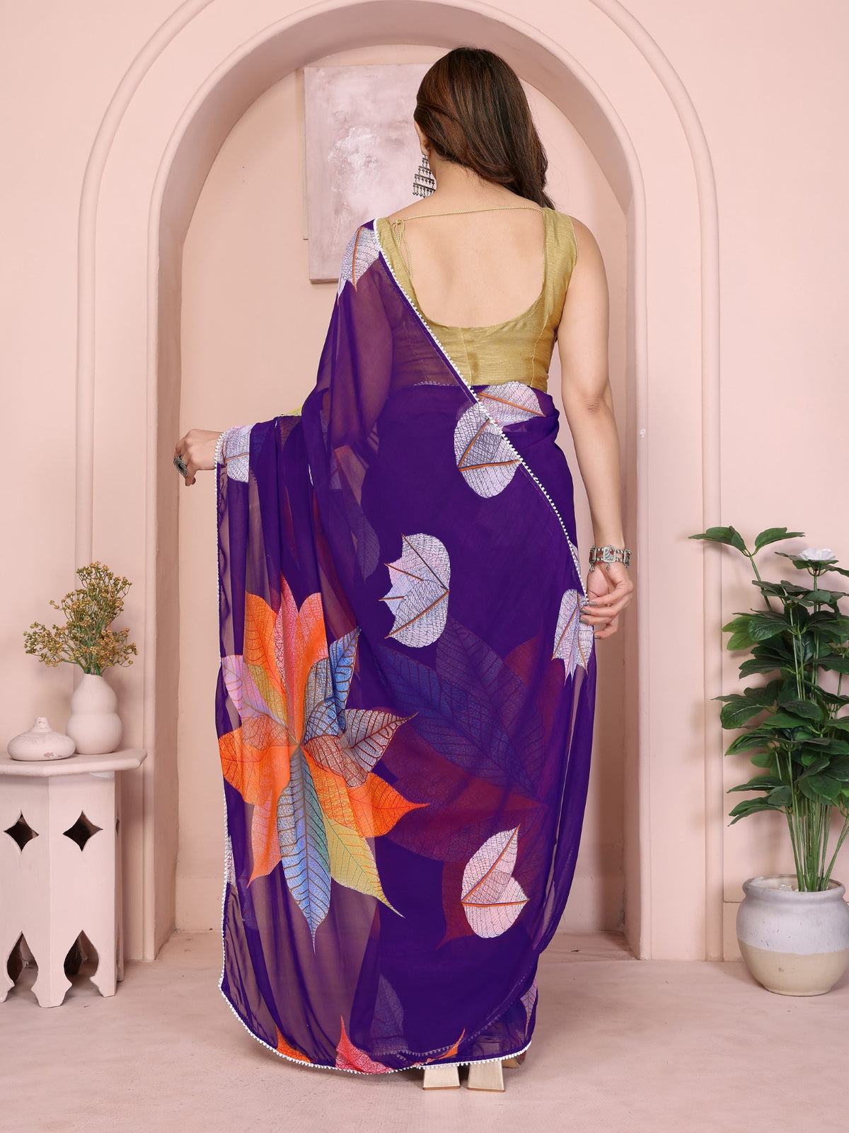 Purple Georgette Ready-to-Wear Printed Saree with Lace