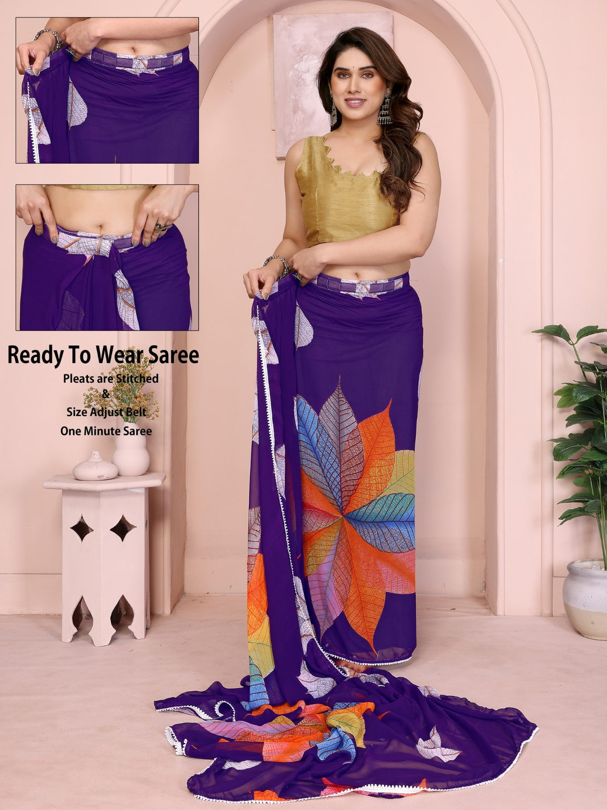 Purple Georgette Ready-to-Wear Printed Saree with Lace
