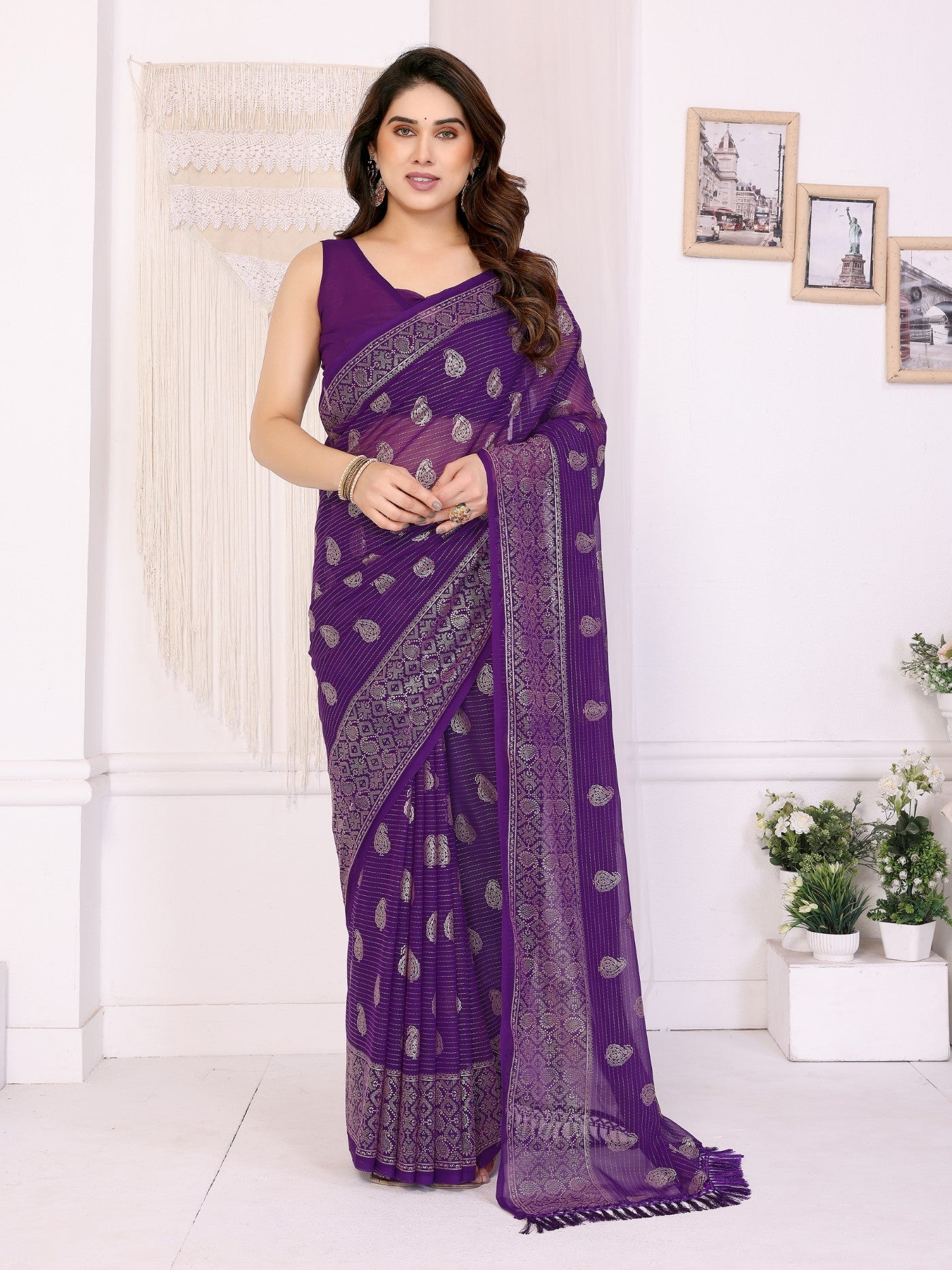 Purple Georgette Saree With Foil Work And Designer Lace Border
