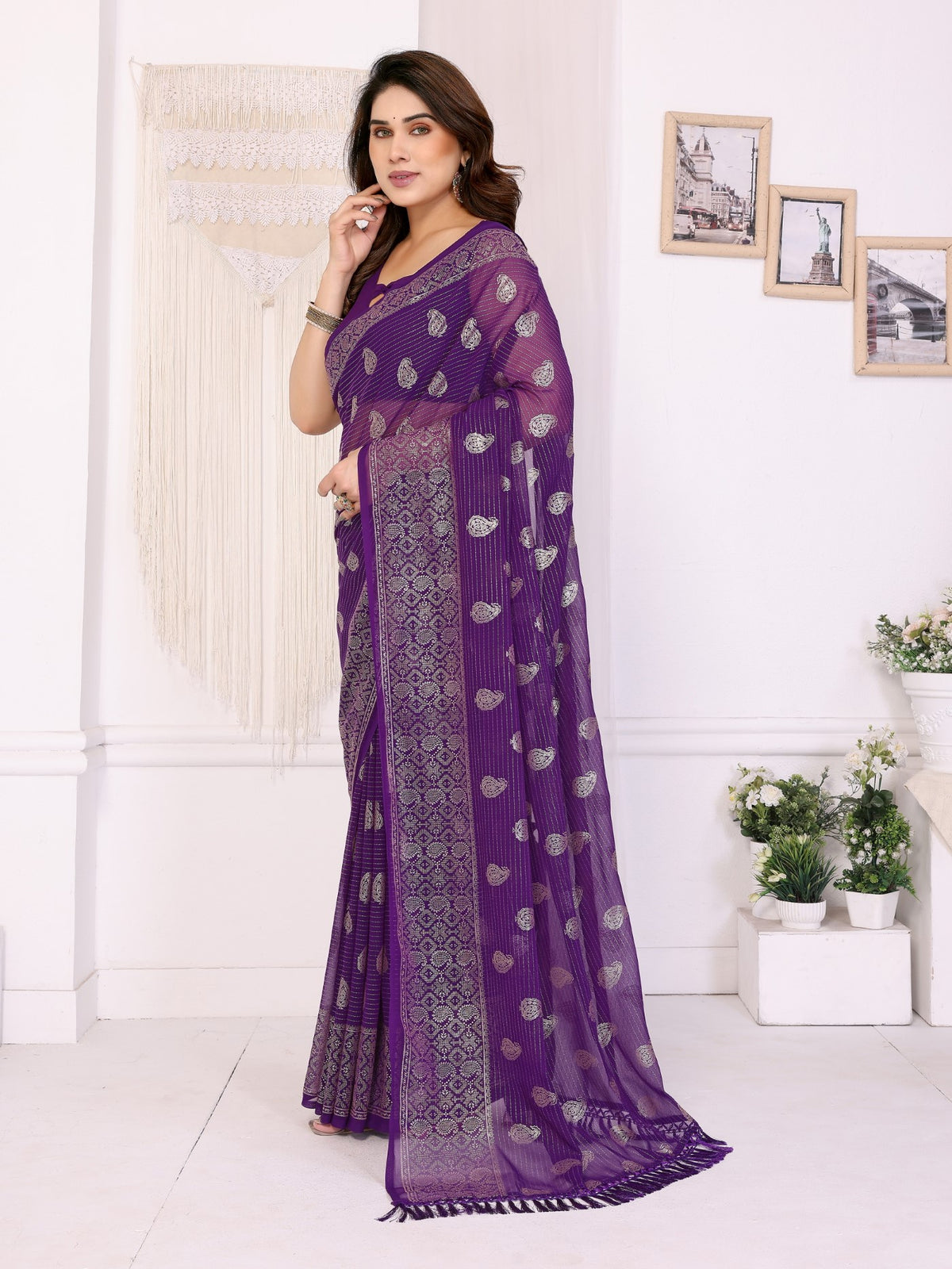 Purple Georgette Saree With Foil Work And Designer Lace Border