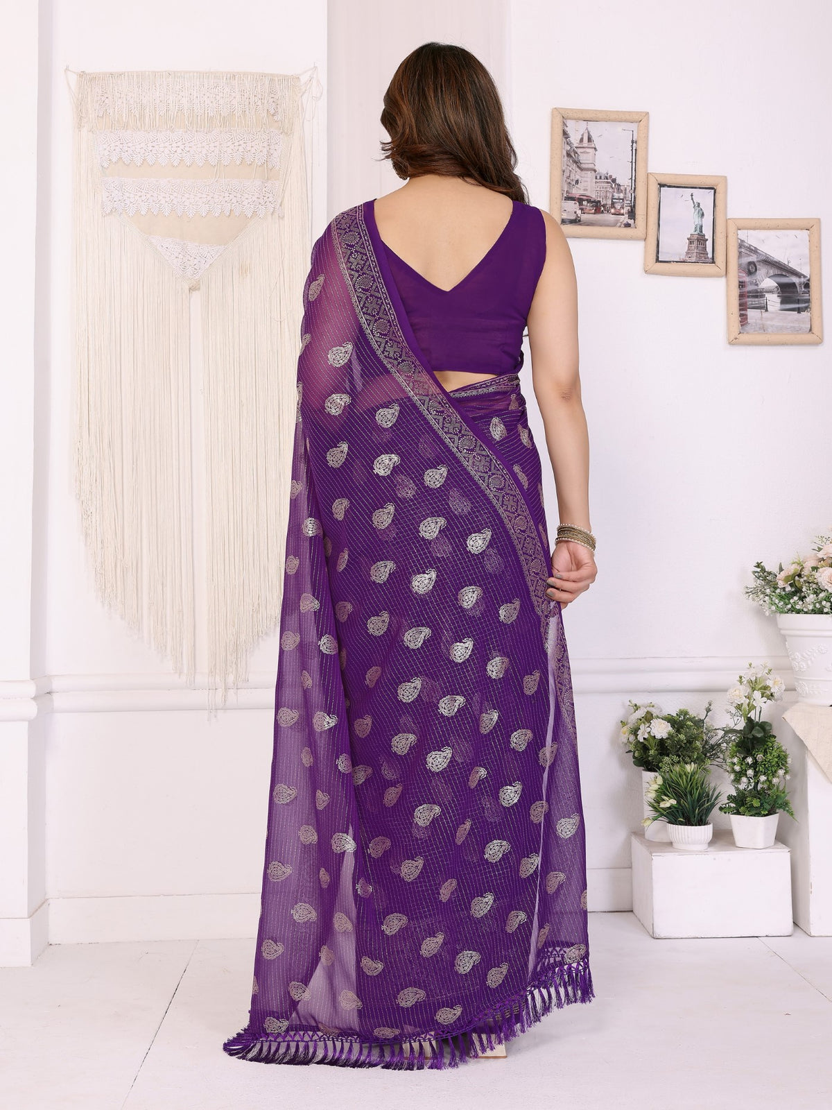 Purple Georgette Saree With Foil Work And Designer Lace Border