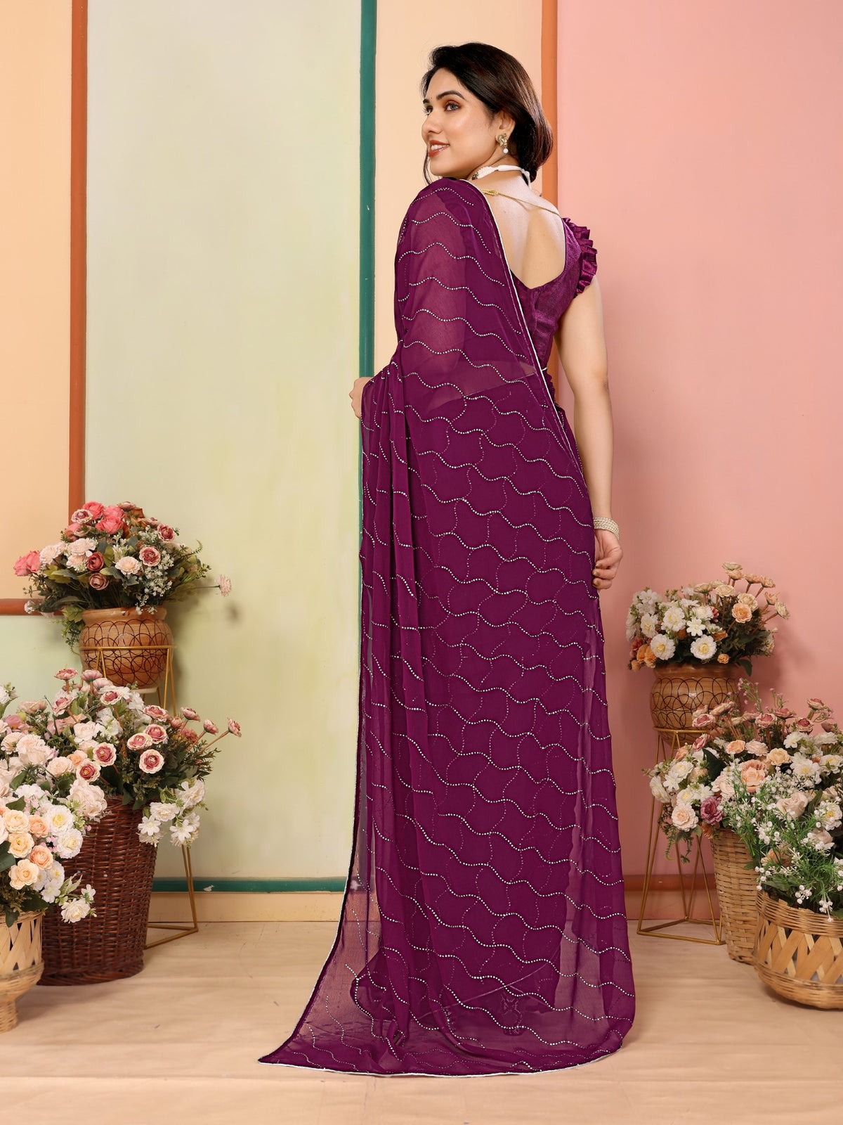 Purple Georgette Saree With Mukesh Work Saree